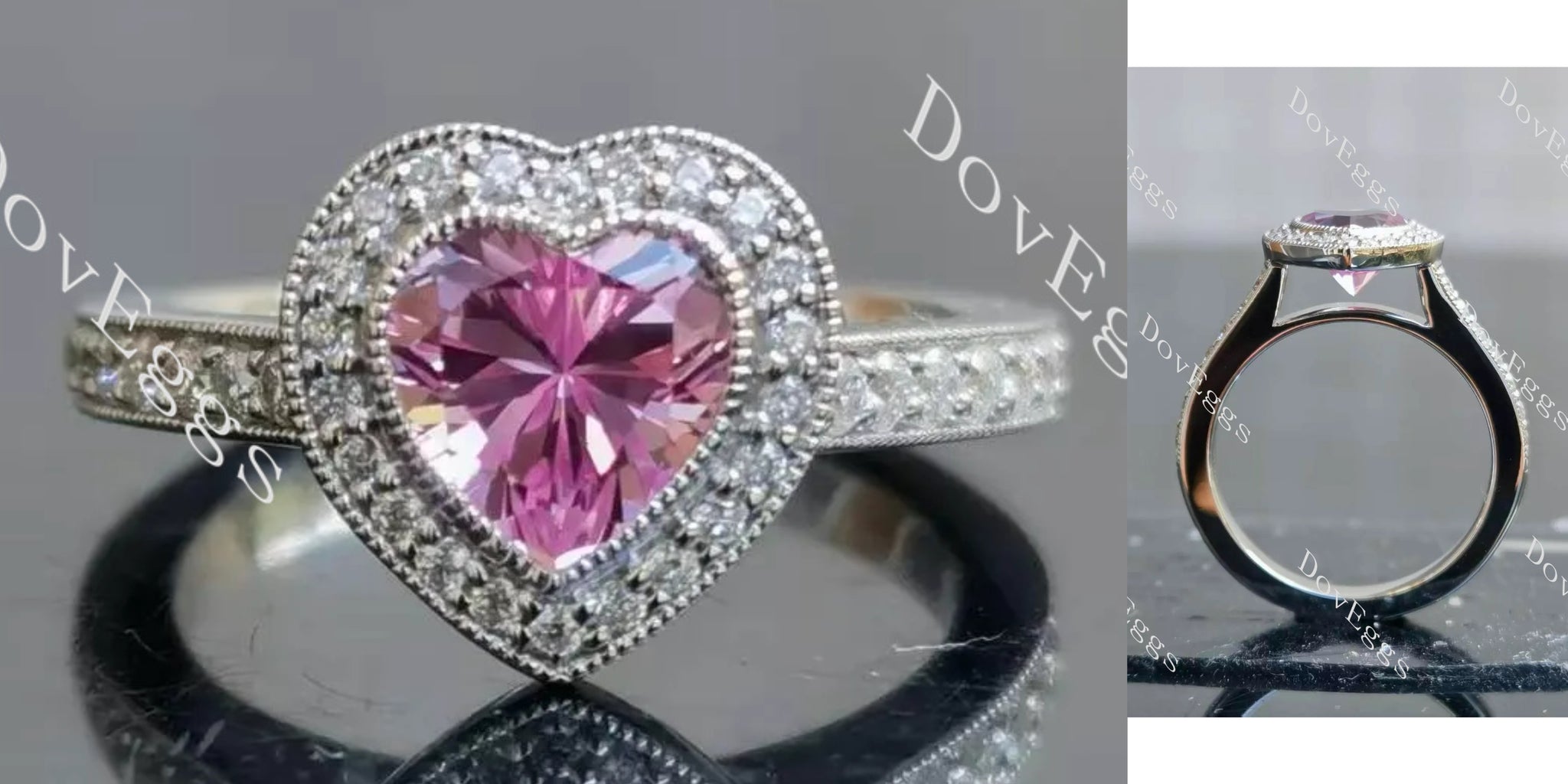 Heart halo vintage pave stones colored gem engagement ring main view| DovEggs