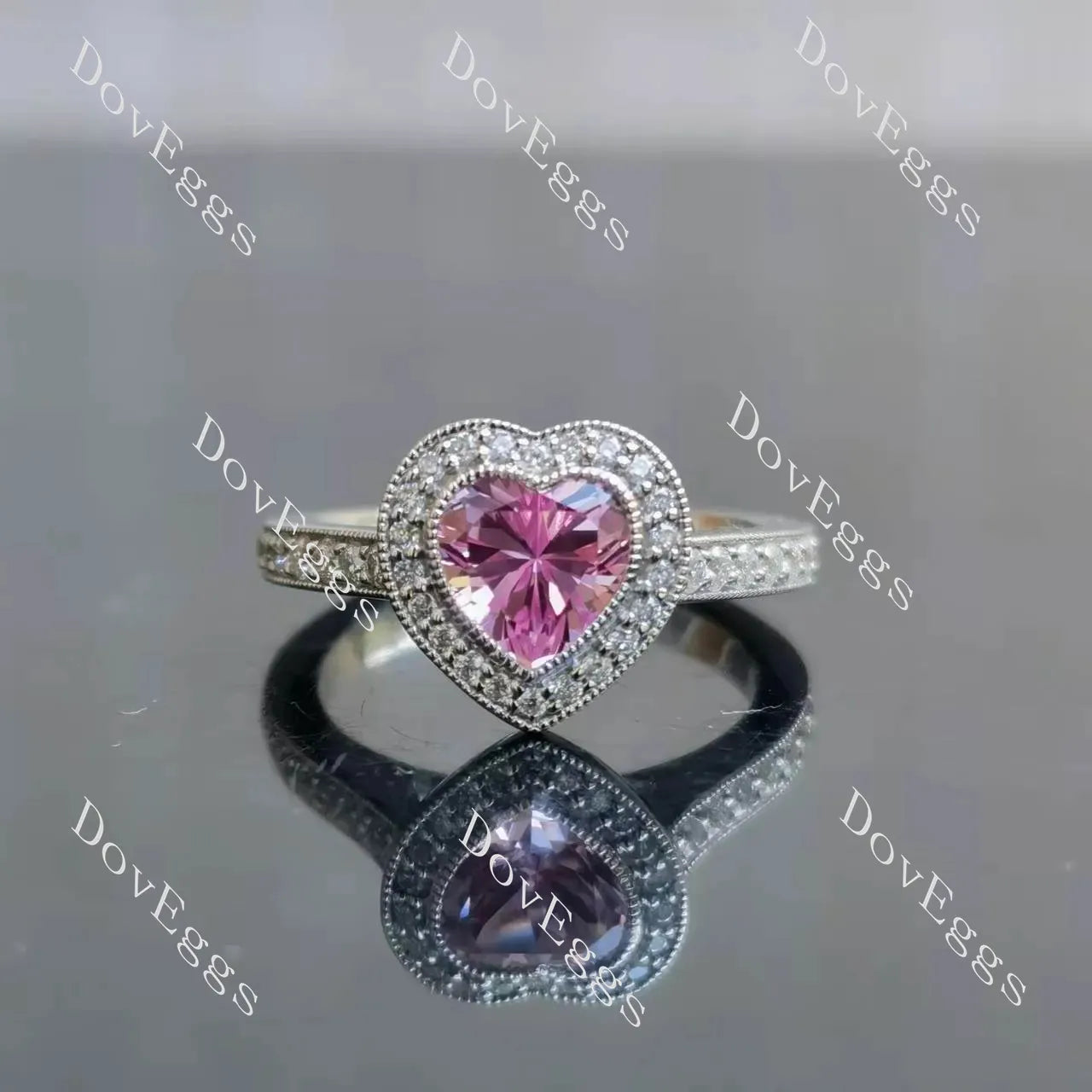 Heart halo vintage pave stones pink sapphire engagement ring| DovEggs