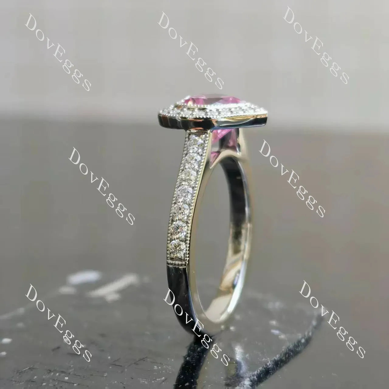 Heart halo vintage pave stones colored gem engagement ring side view| DovEggs