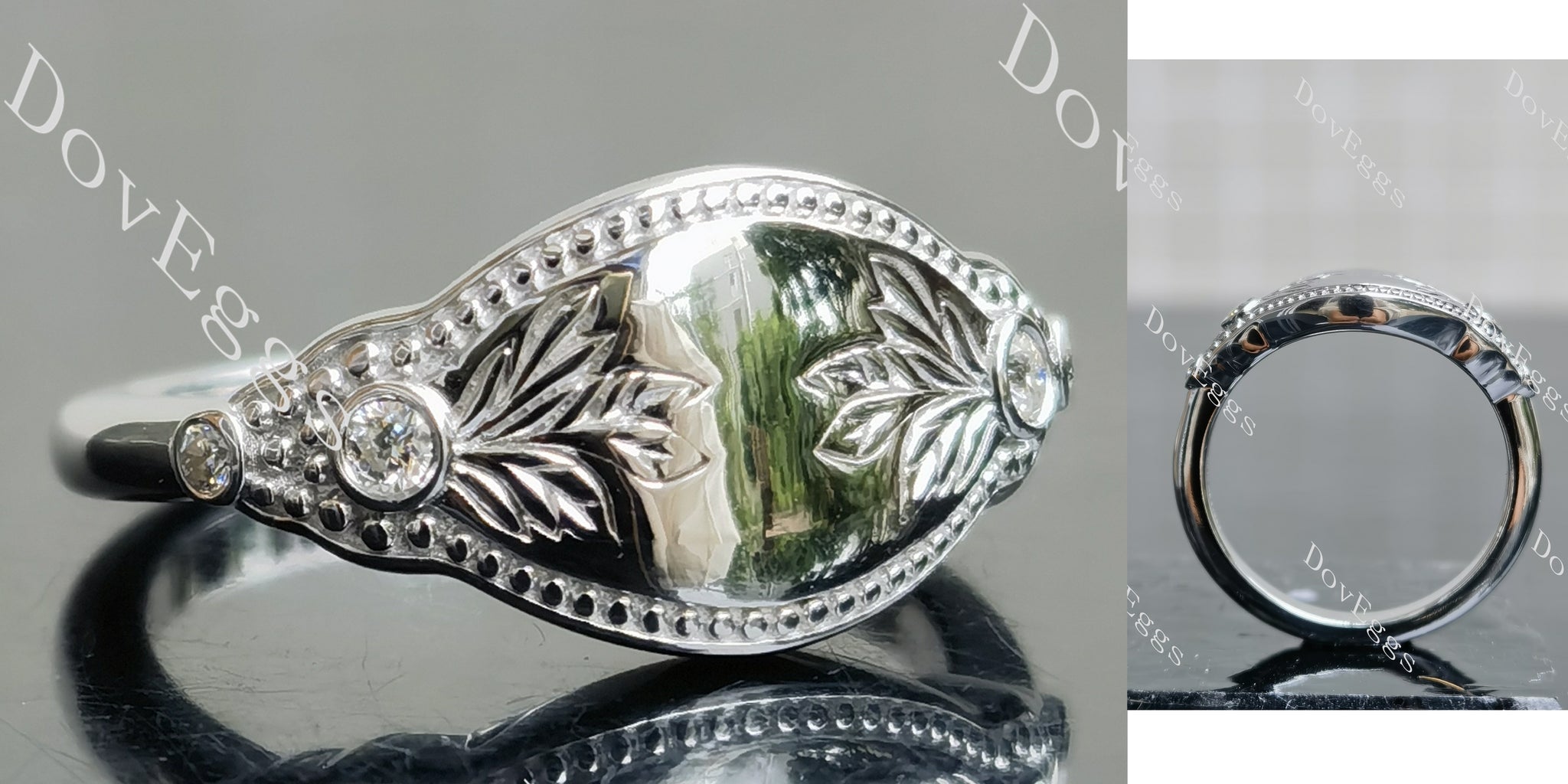 Floral vintage round moissanite/colored gem signet ring main view| Doveggs