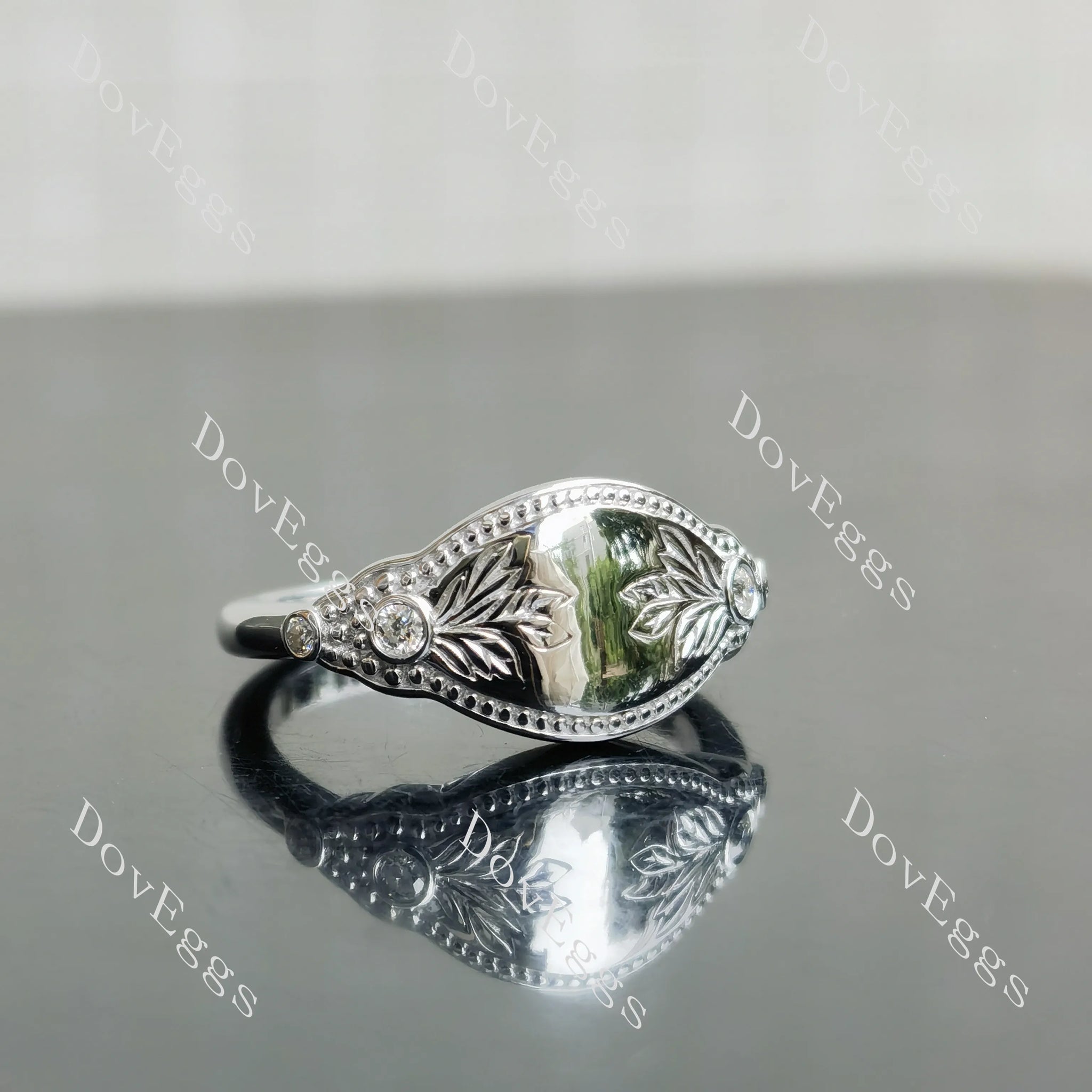 Floral vintage round moissanite or colored gem or lab diamonds signet ring| Doveggs