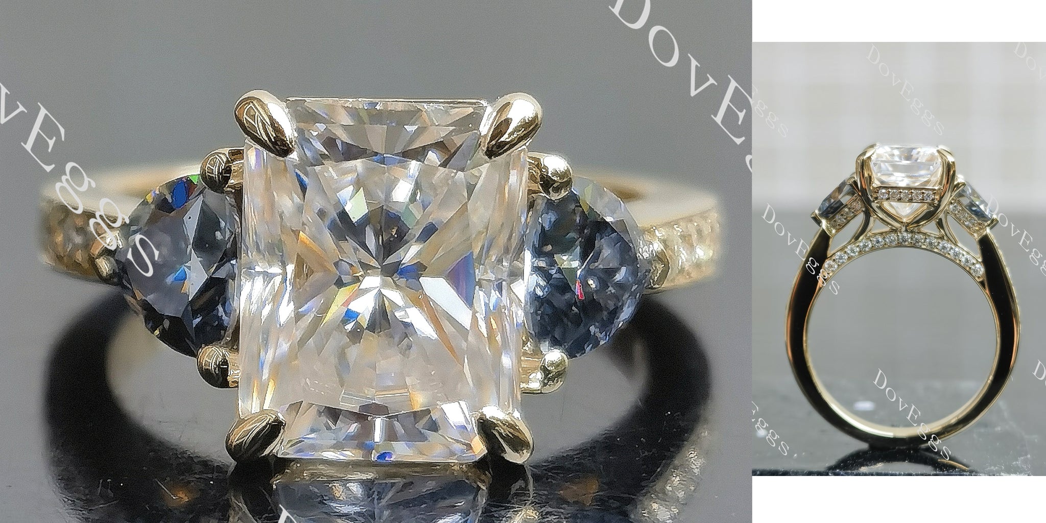 Radiant three stones pave moissnaite engagement ring main view| Doveggs