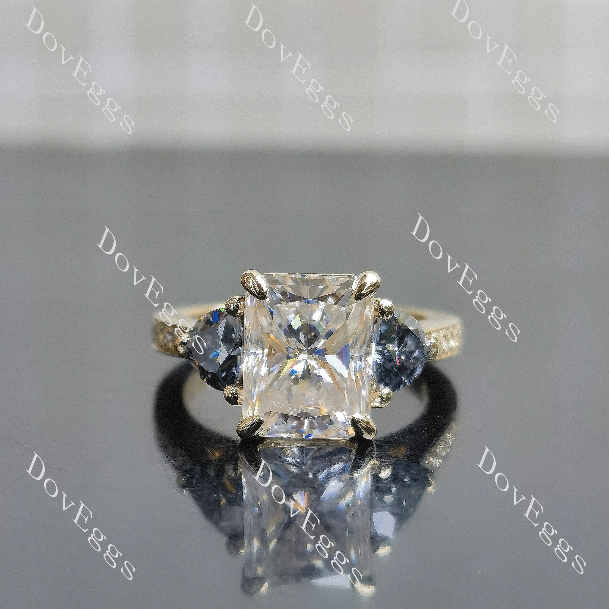 Radiant with fat trillion three stones moissnaite engagement ring| Doveggs