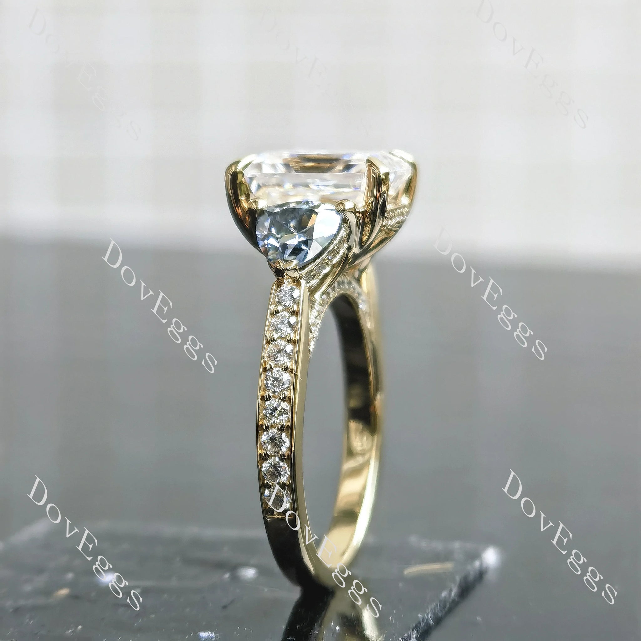 Radiant three stones pave moissnaite engagement ring side view| Doveggs