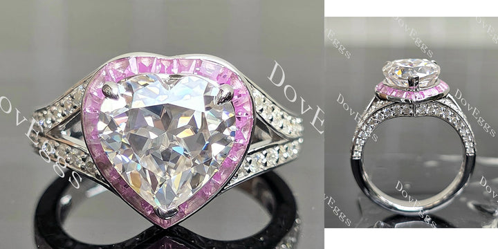 Heart halo split shanks pave moissanite engagement ring main view| Doveggs
