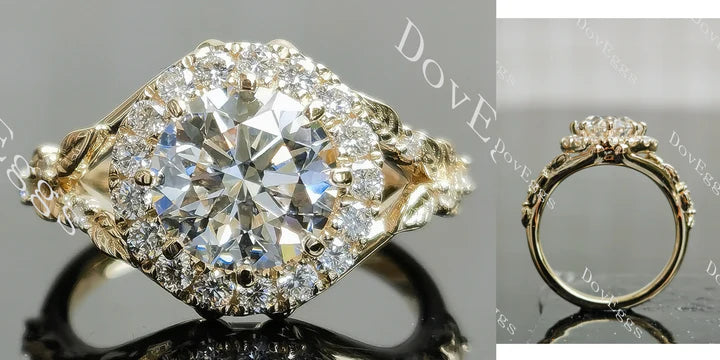 Custom lab diamond rings online: Halo art deco ethical lab diamond ring with GHI moissanite accents. | DovEggs