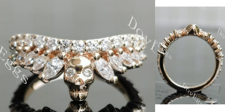 Gothic skull crown marquise round moissanite wedding band main view|DovEggs