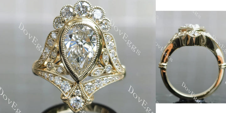 Beth's Victorian Lace-Pear bezel halo art deco vintage lab diamond engagement ring semi-mount only(Exclusively to DovEggs Stones)