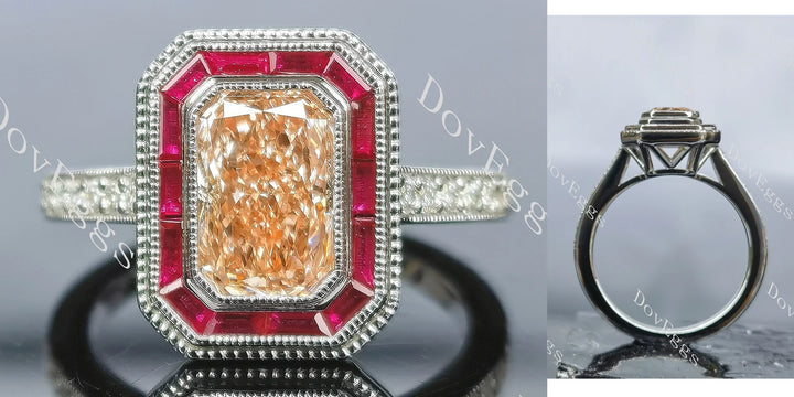 Best place to buy lab grown diamonds: Halo bezel vintage ring setting from DovEggs with moissanite or diamond accents.