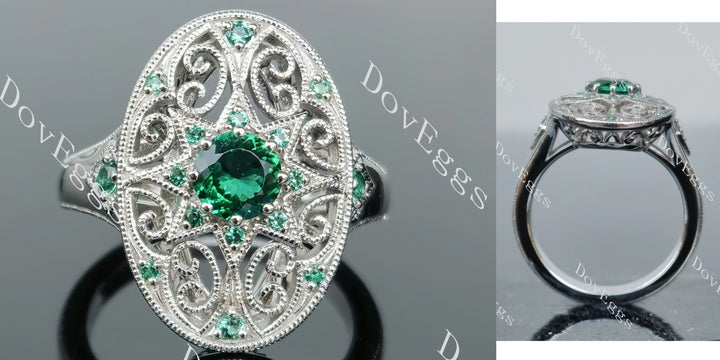 Round vintage carved moissanite engagement ring main view| Doveggs