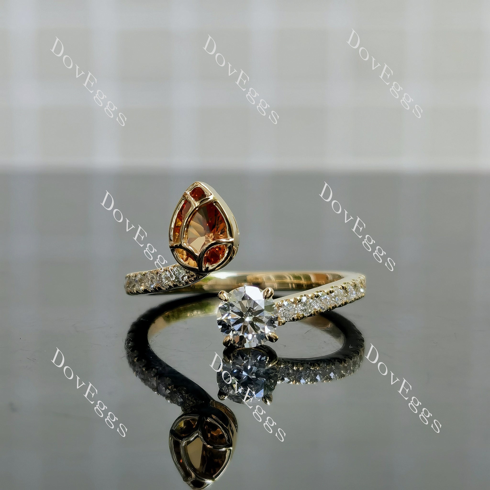Fire Lotus Pear Round Pave Lab Grown Diamond Engagement Ring