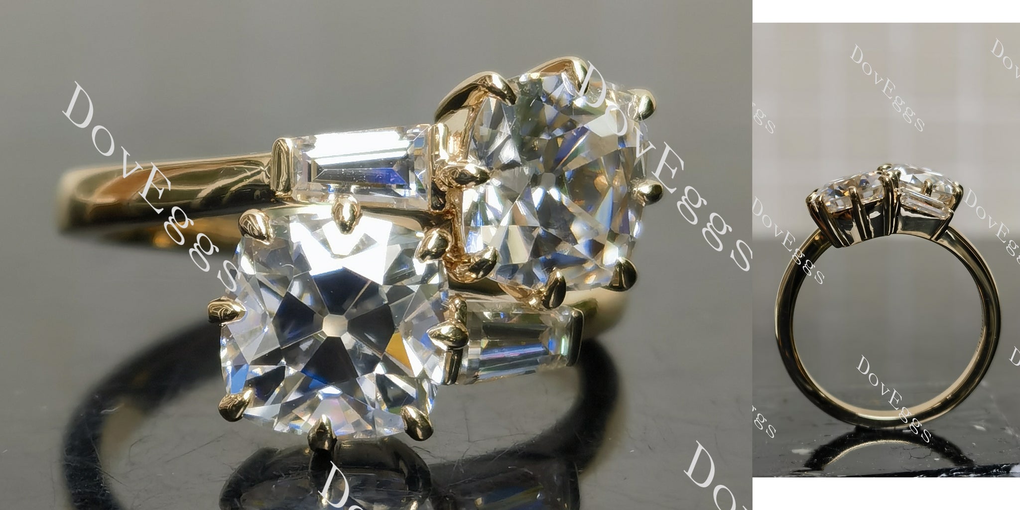 cushion two stones moissanite engagement ring