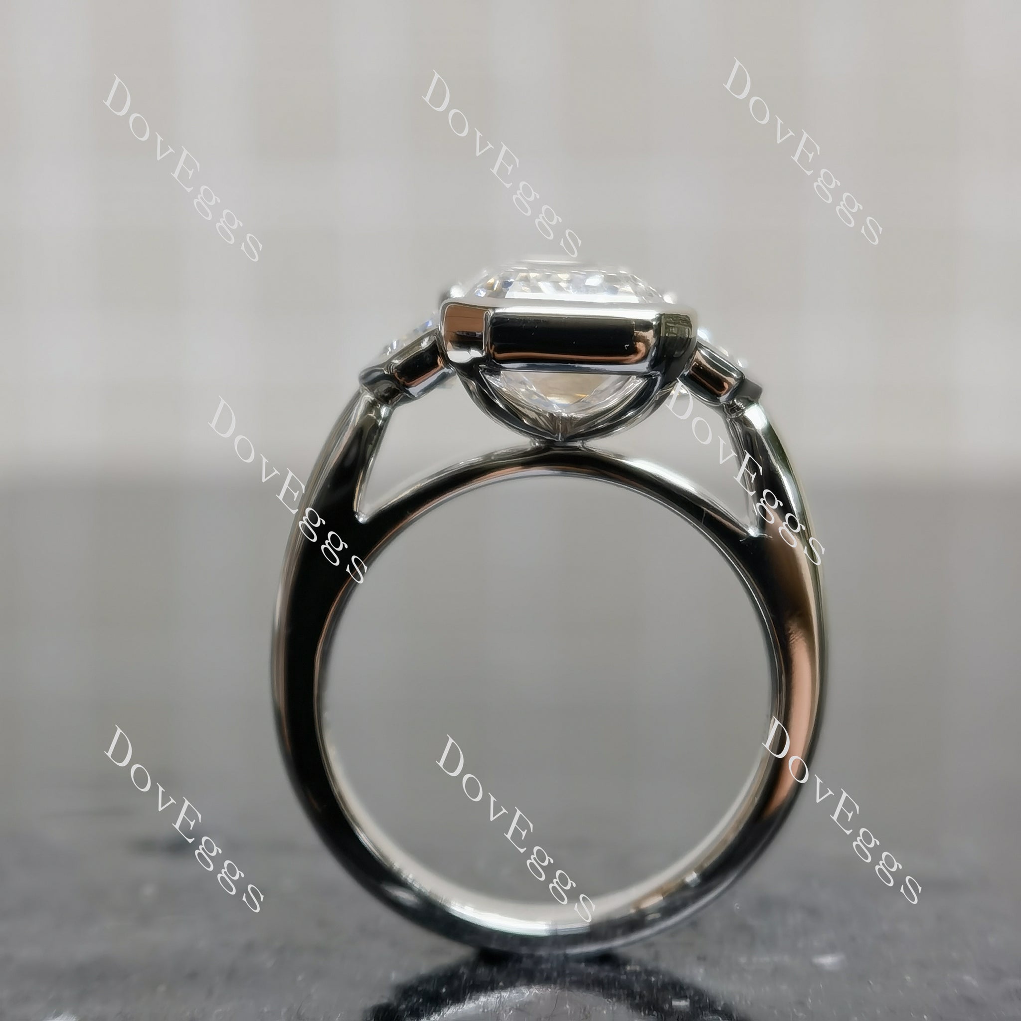 Cheryl G Emerald Bezel Three Stones Lab Grown Diamond Engagement Ring