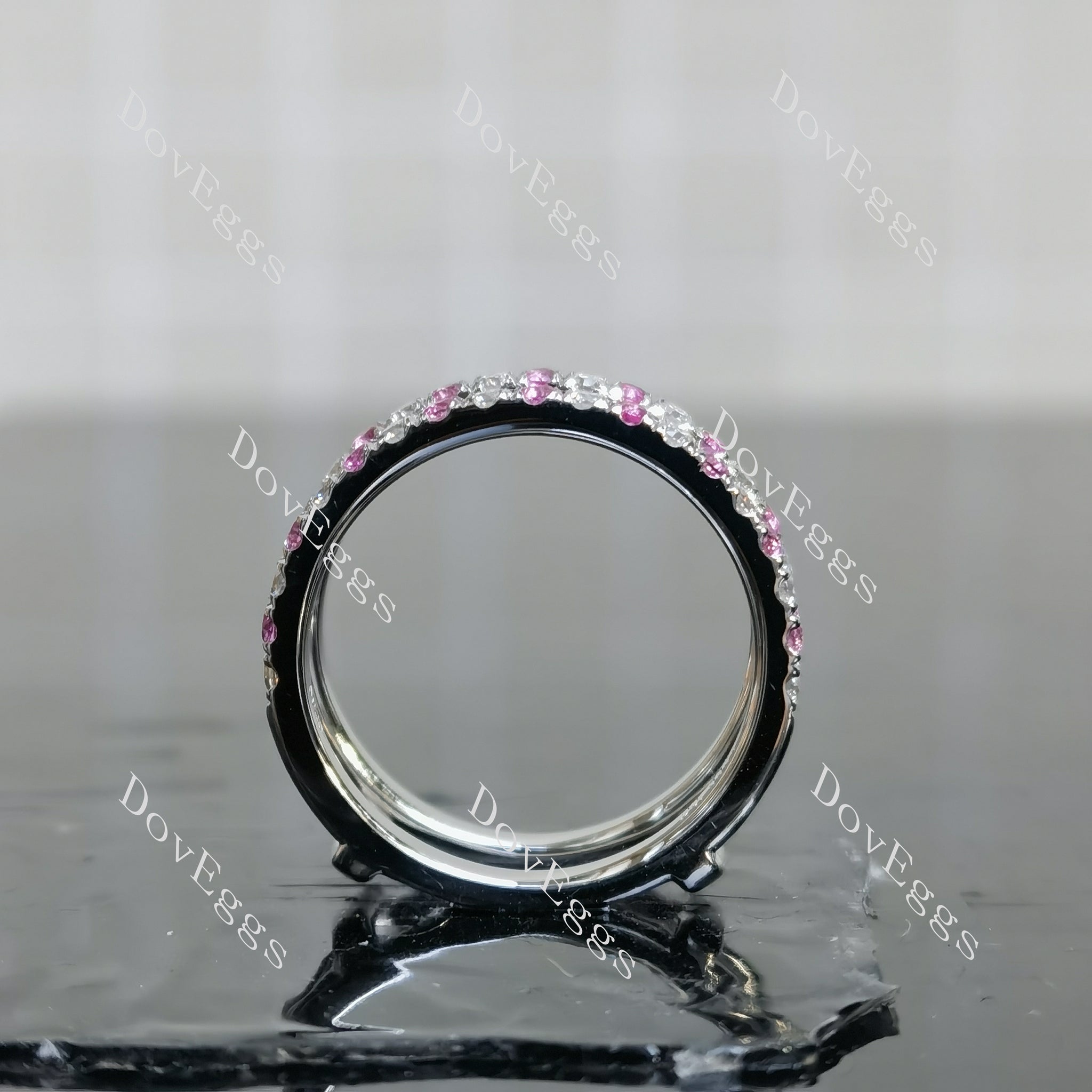 Doveggs round half eternity pave moissanite/lab grown diamond & colored gem wedding band-7.2mm band width