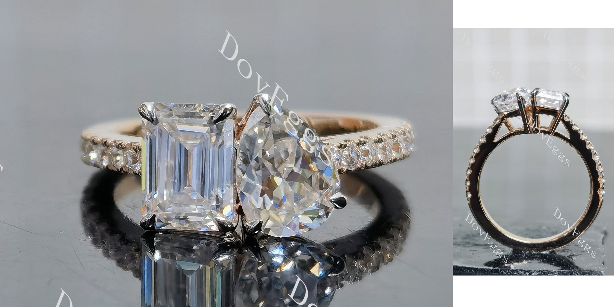 pear emerald pave two stones moissanite engagement ring