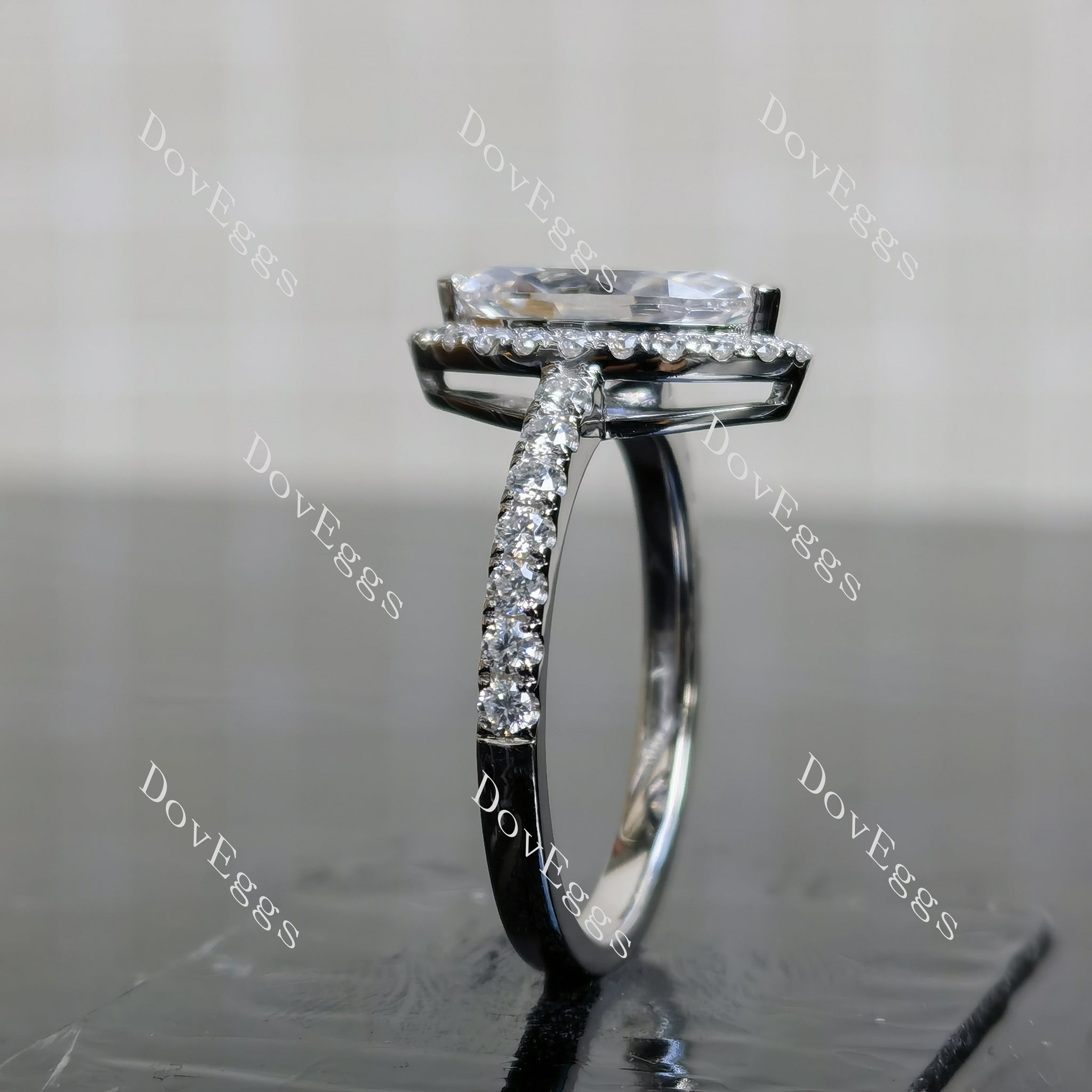 Doveggs Marquise Modified H&A cut halo pave moissanite engagement ring
