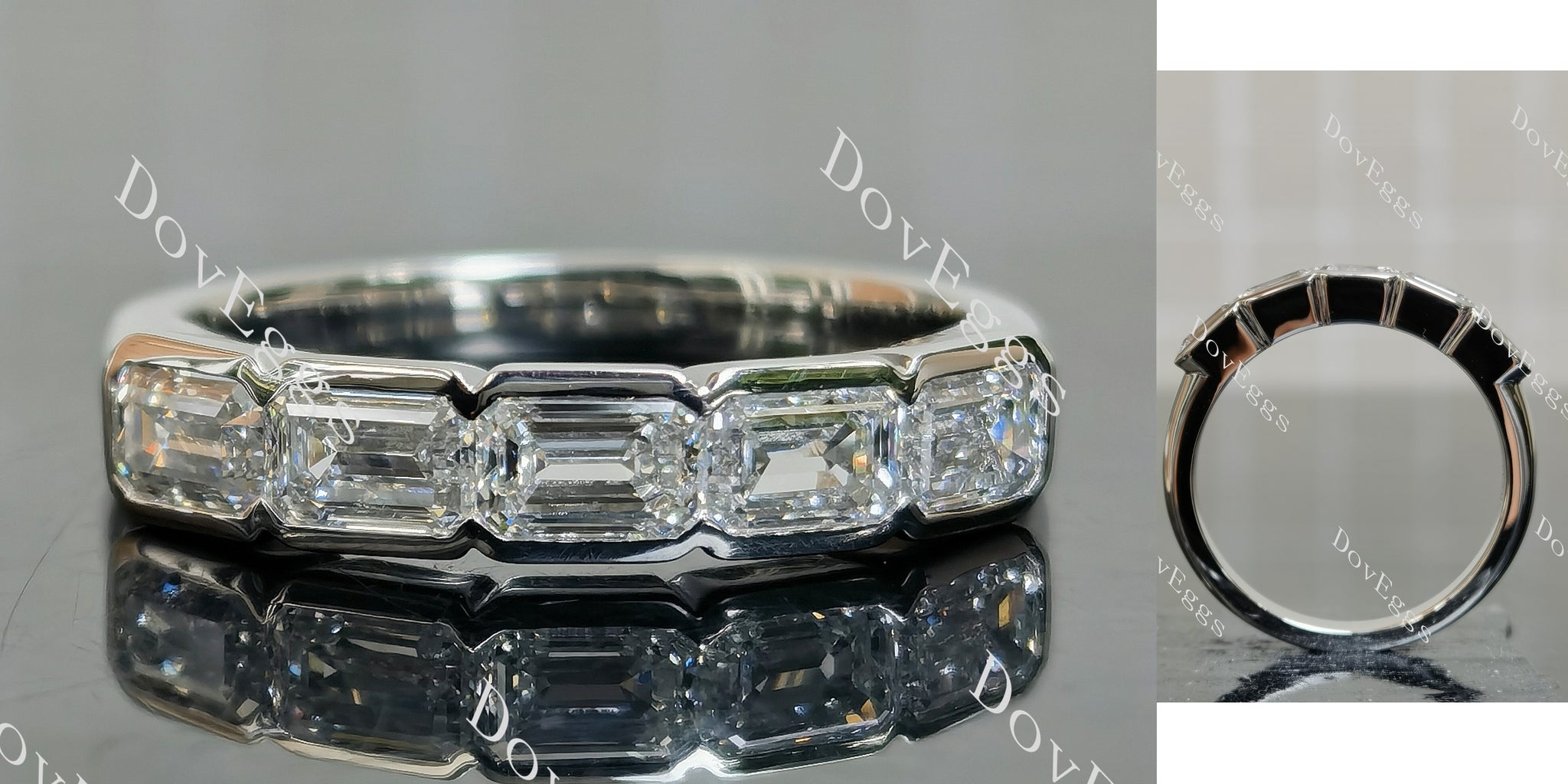 Five Emerald Bezel moissanite/ lab grown diamond wedding band