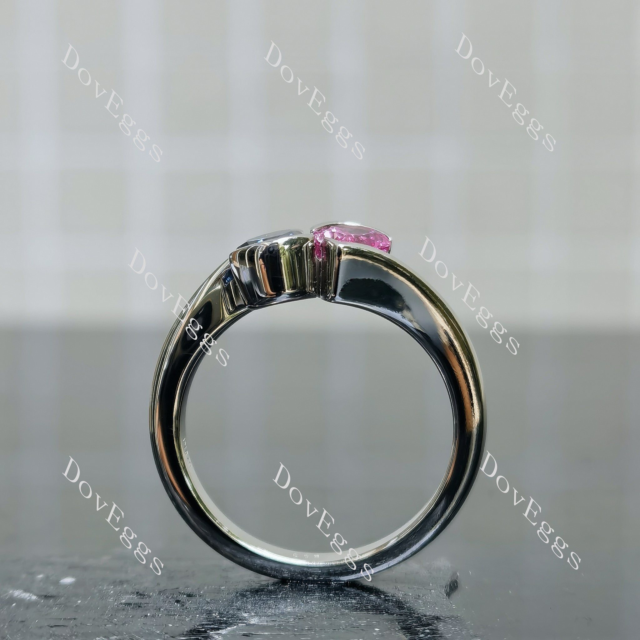 Doveggs pear bezel two stones twilight blue moissanite & colored gem moissanite engagement ring
