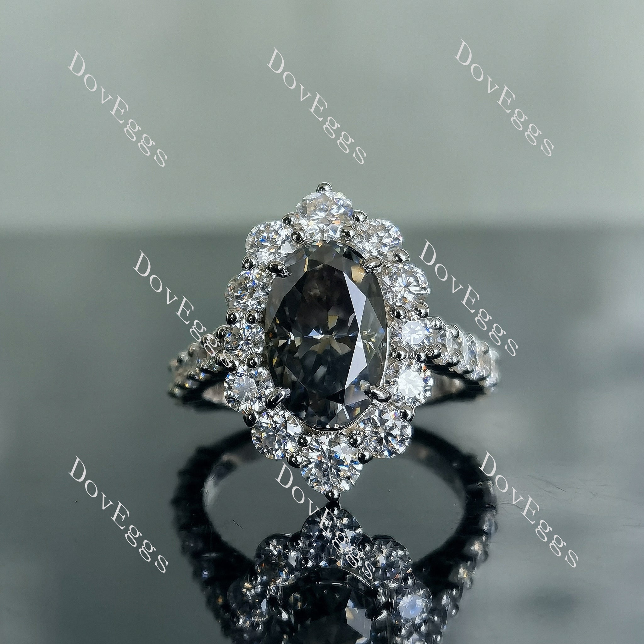 The Julie oval floral stardust grey halo Pave Ring