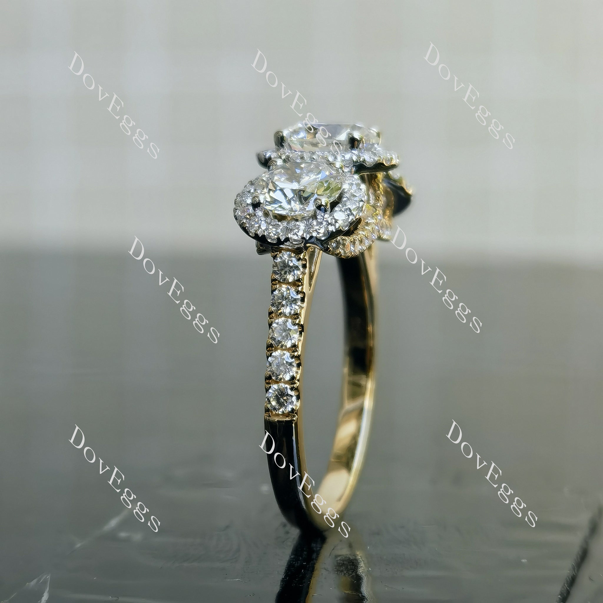 Doveggs Round Three-stone Halo Lab Grown Diamond Engagement Ring