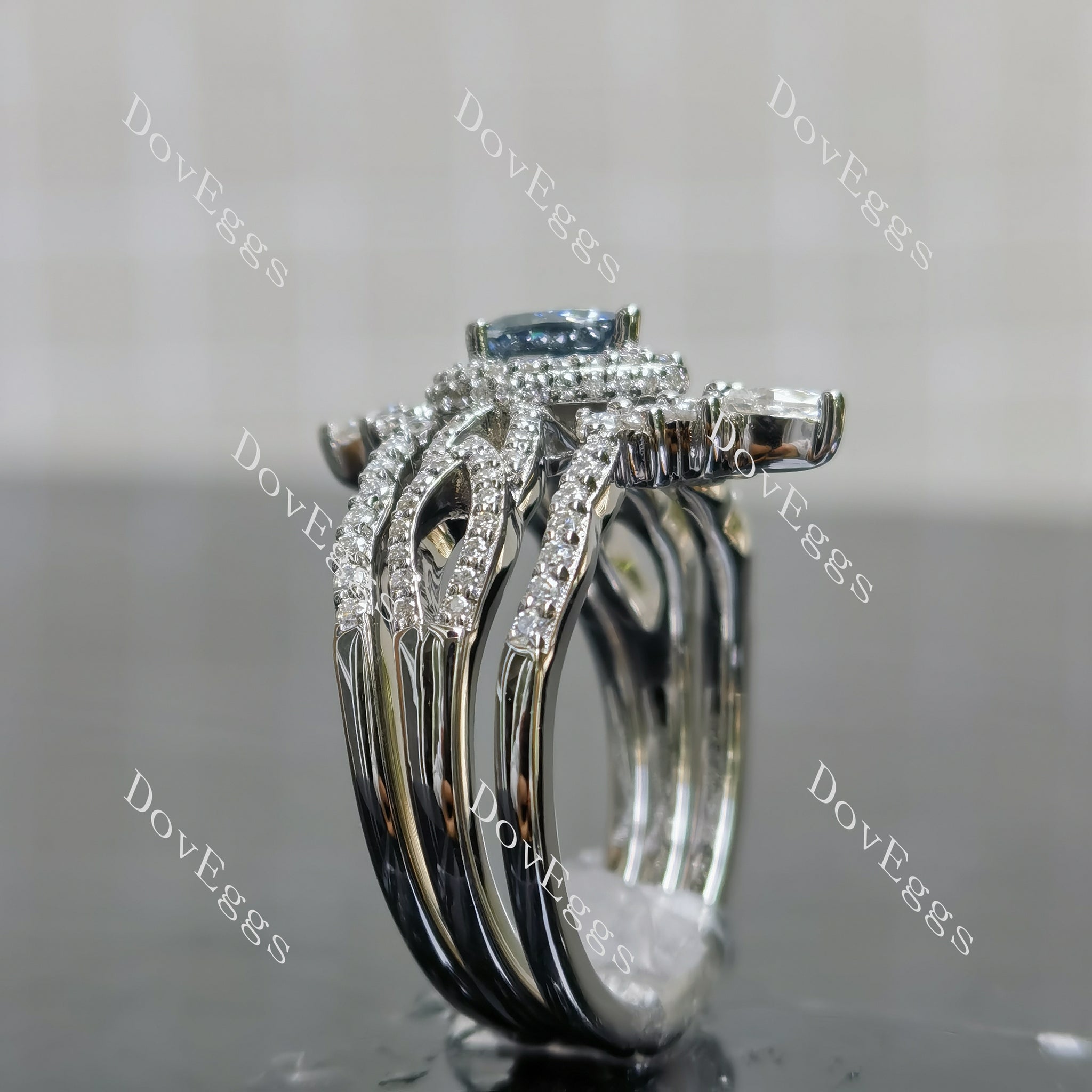 (size 9) Doveggs sterling silver 0.5ct pear smokey sparks grey colored moissanite ring bridal set(3 rings)
