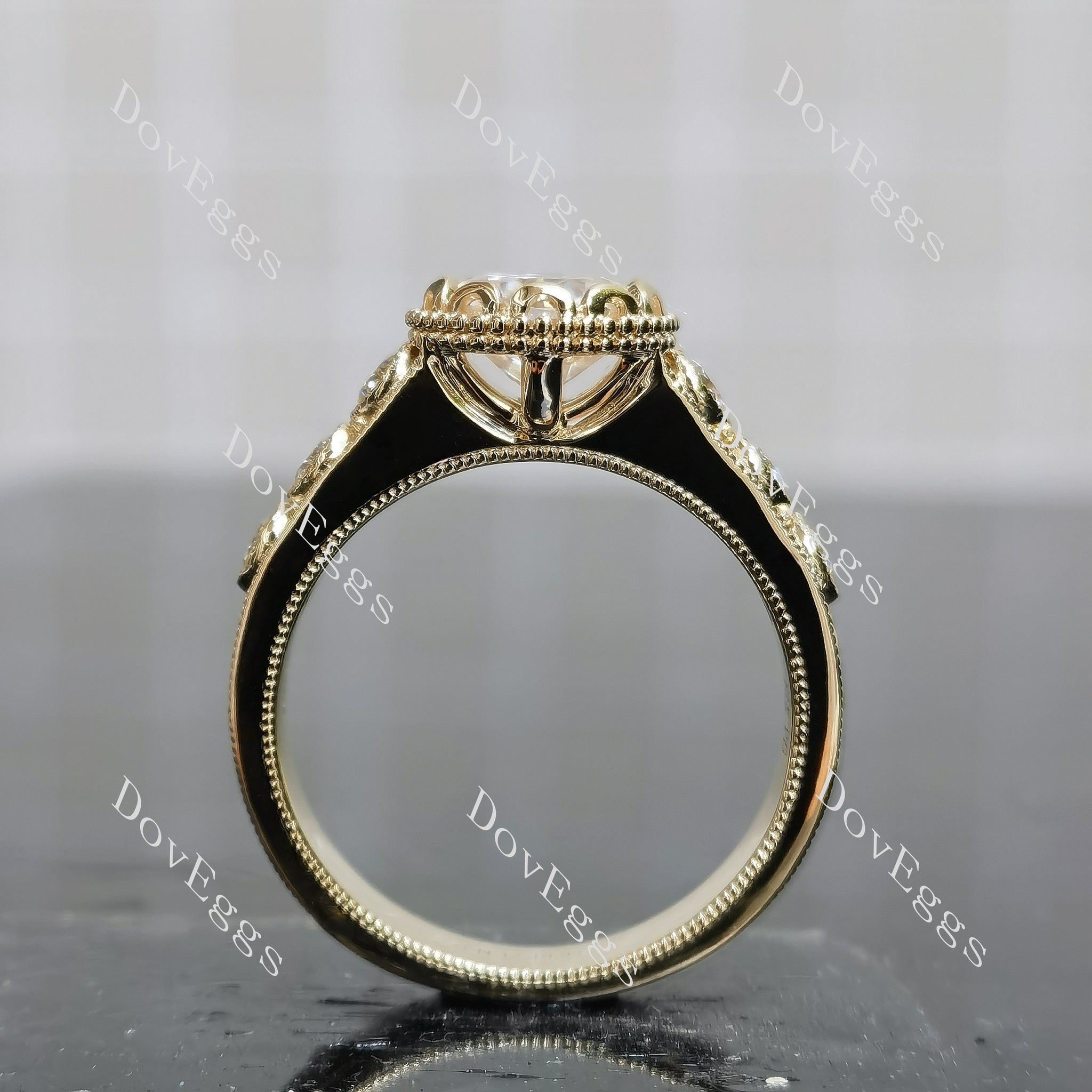 Doveggs round bezel pave art deco vintage moissanite engagement ring