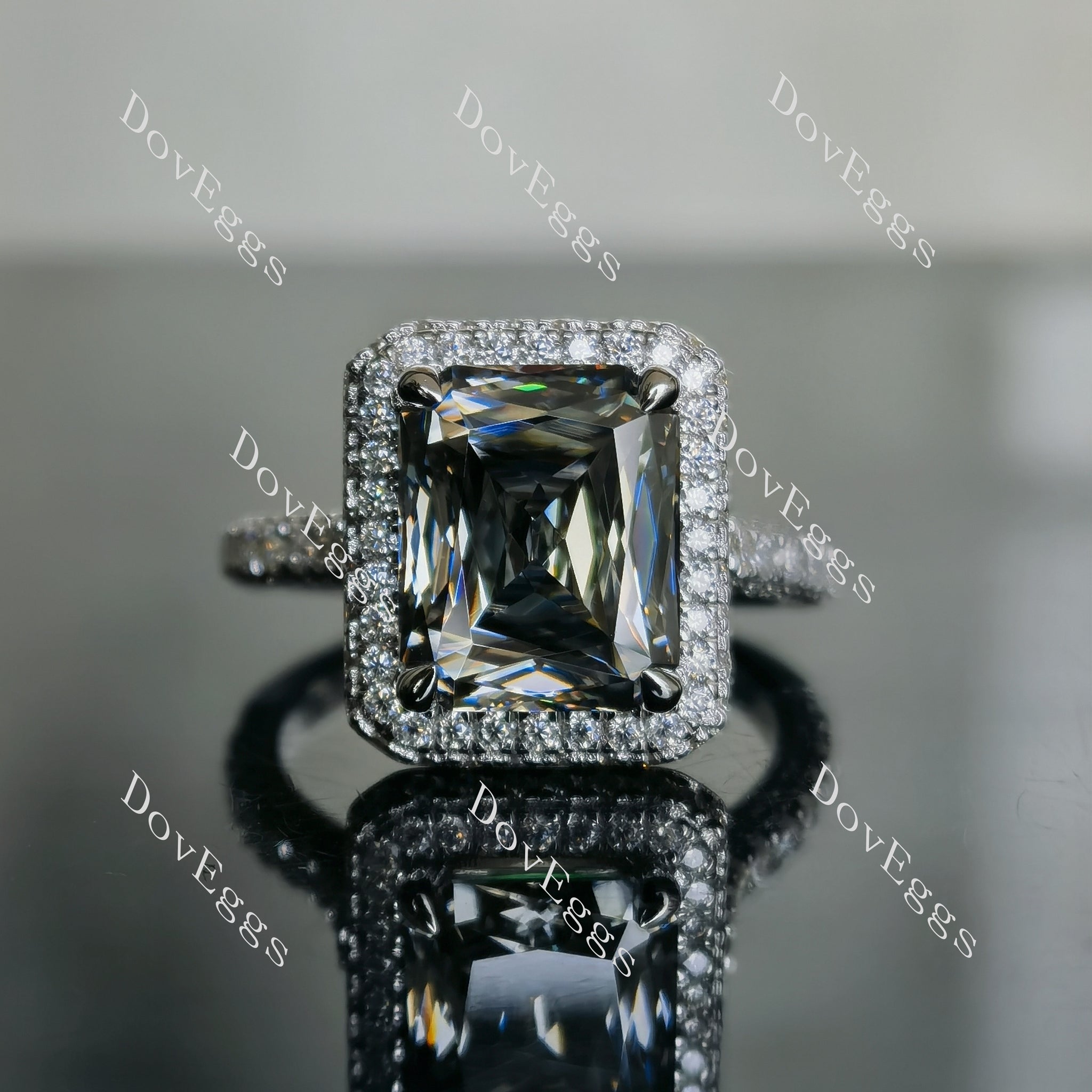 Doveggs criss cut cathedral pave halo stardust grey moissanite engagement ring