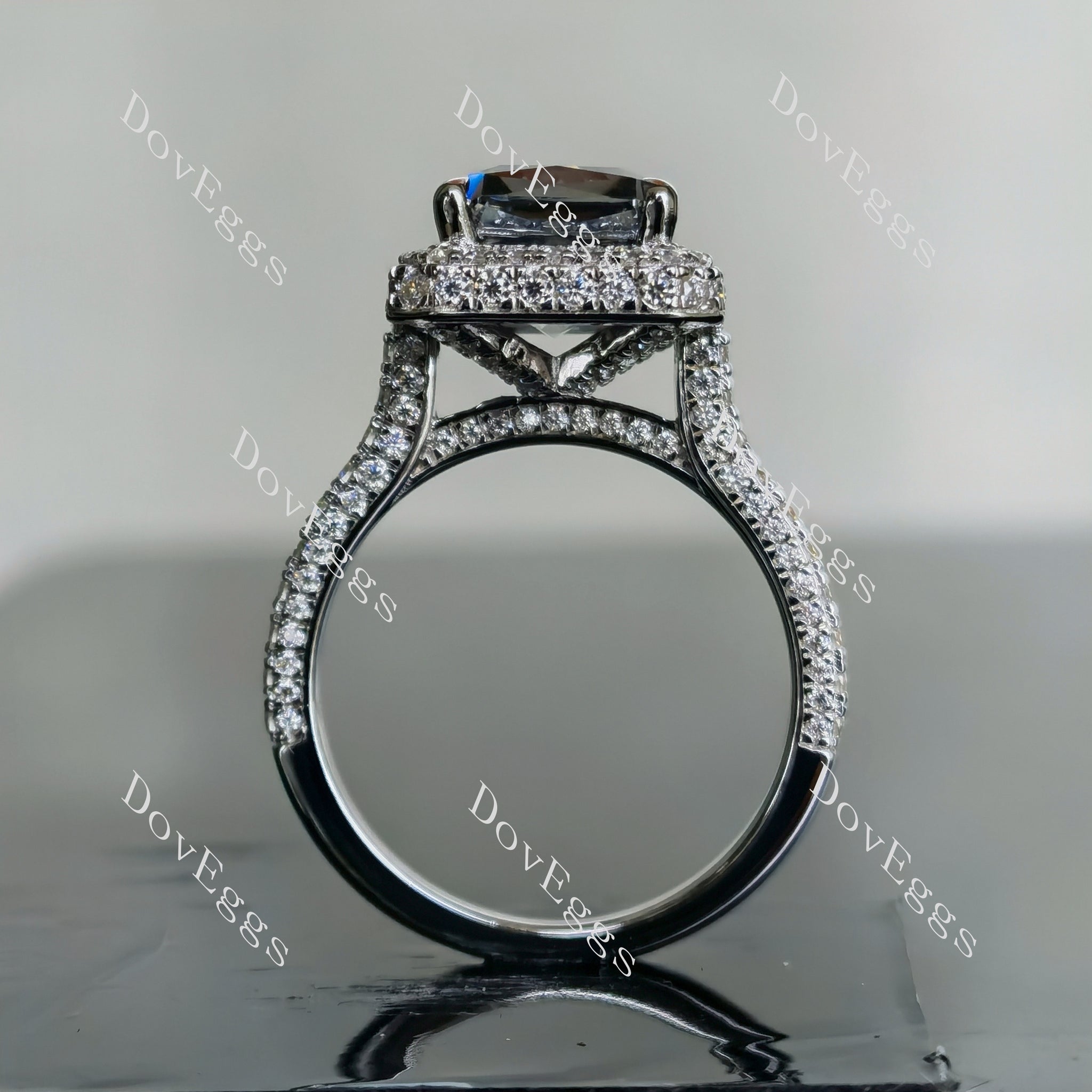 Doveggs criss cut cathedral pave halo stardust grey moissanite engagement ring