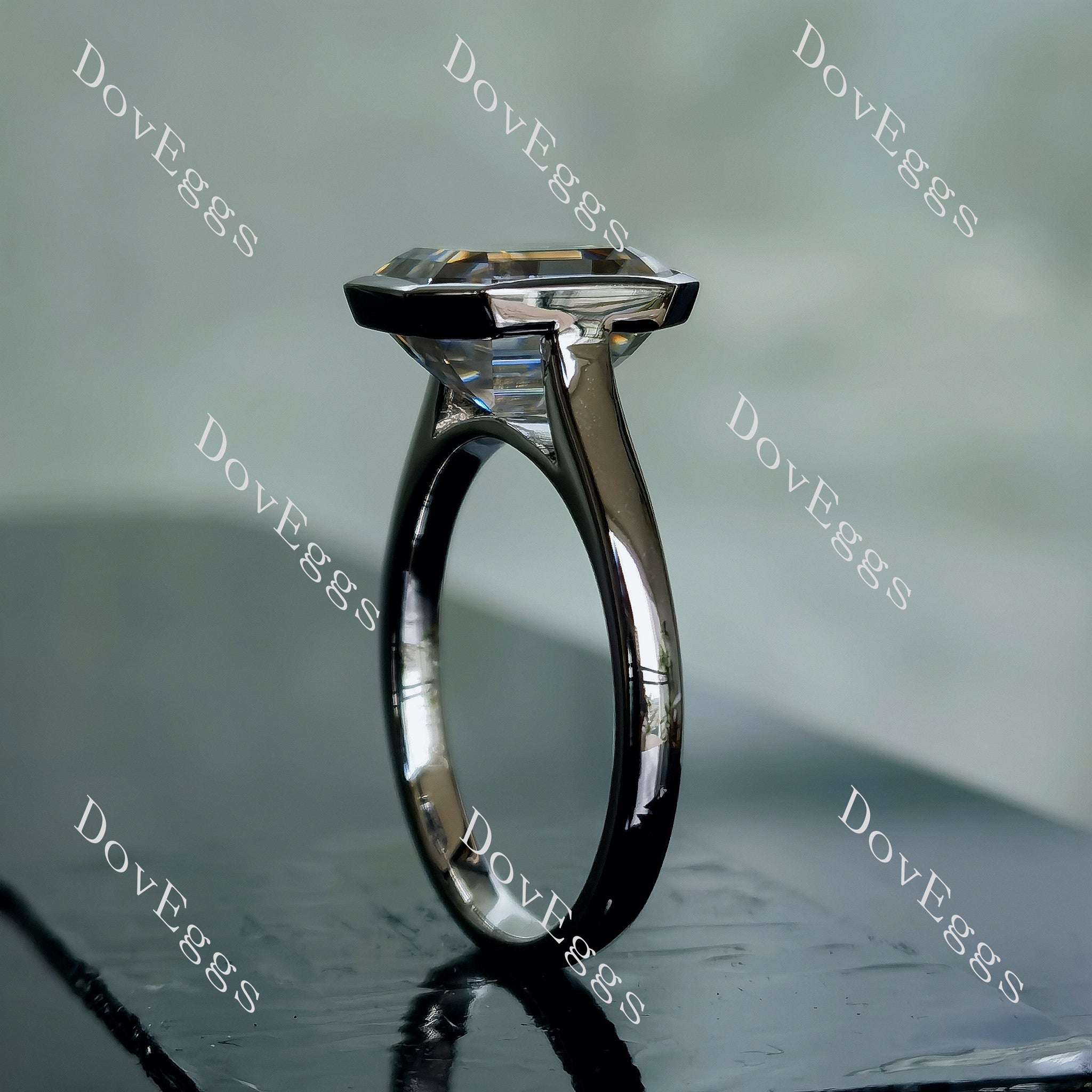 Doveggs elongated krupp cut bezel solitaire moissanite engagement ring