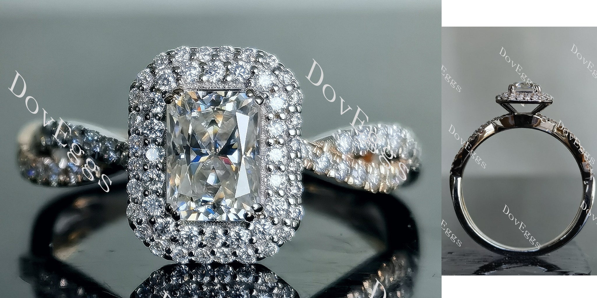 Doveggs radiant double halo pave moissanite engagement ring