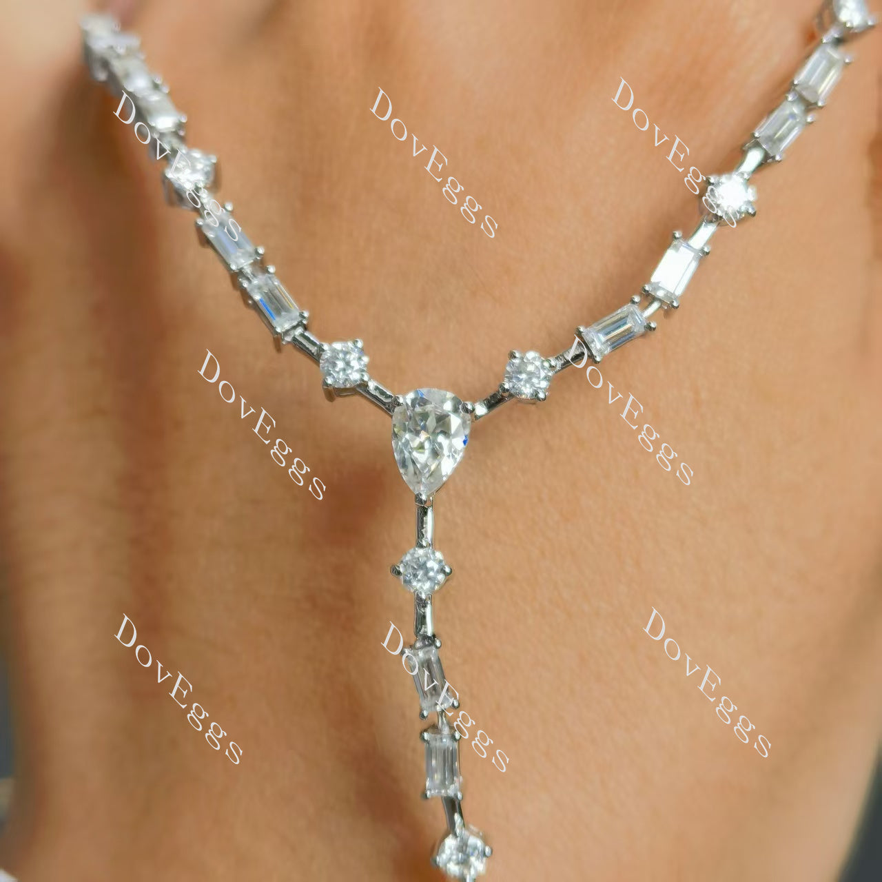 (18inch+4inch) Doveggs sterling silver emerald pear moissanite pendant necklace