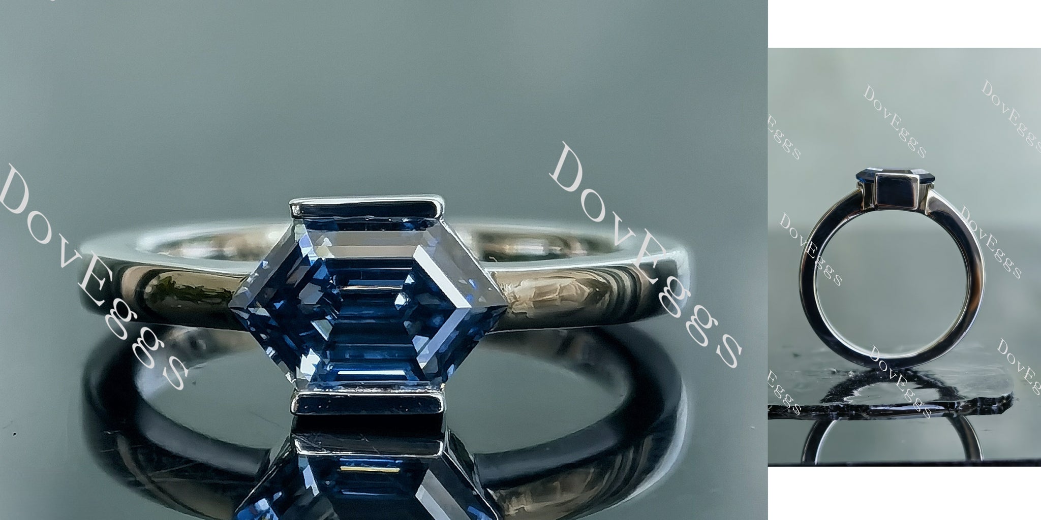 Dovie Doutch Marquise cut bezel solitaire twilight blue moissanite