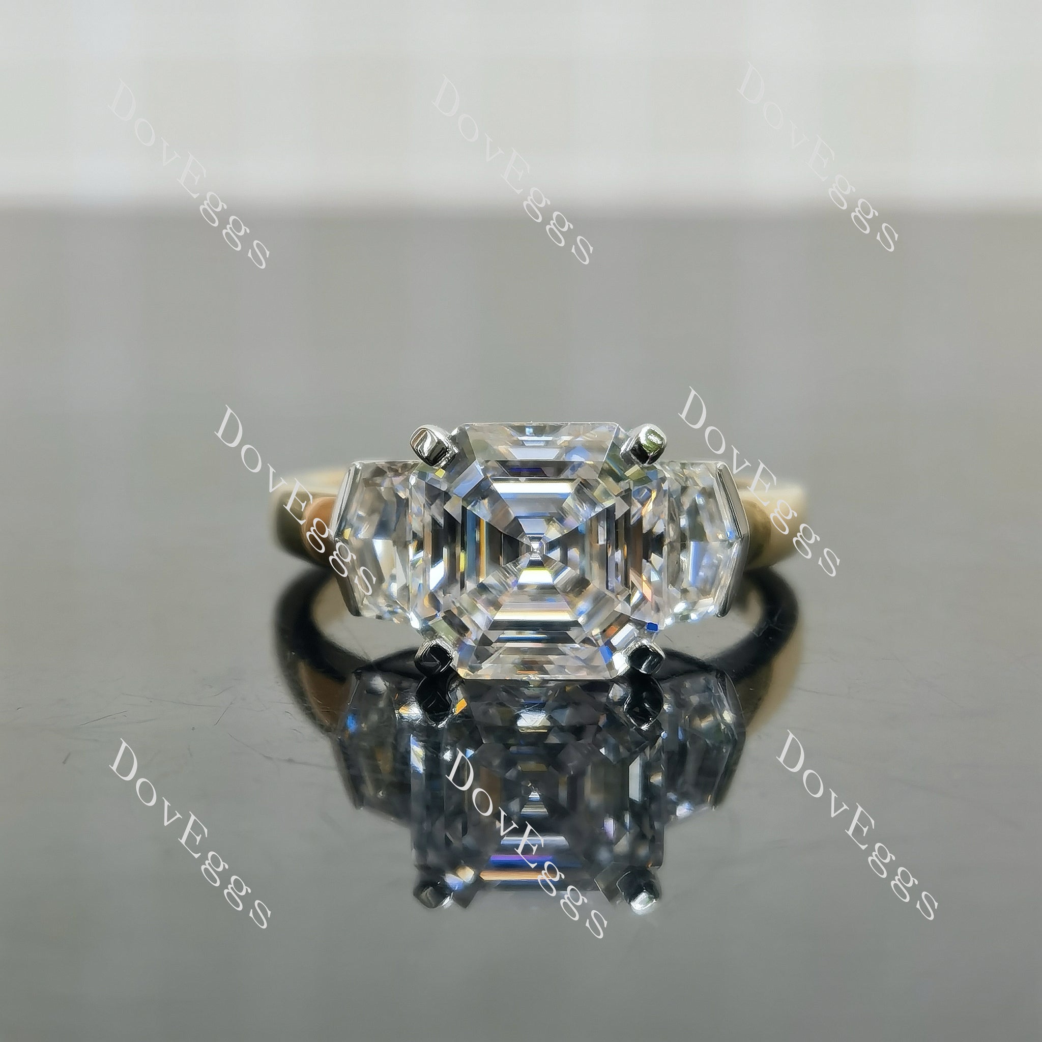 Aniela Asscher pave three stones moissanite engagement ring
