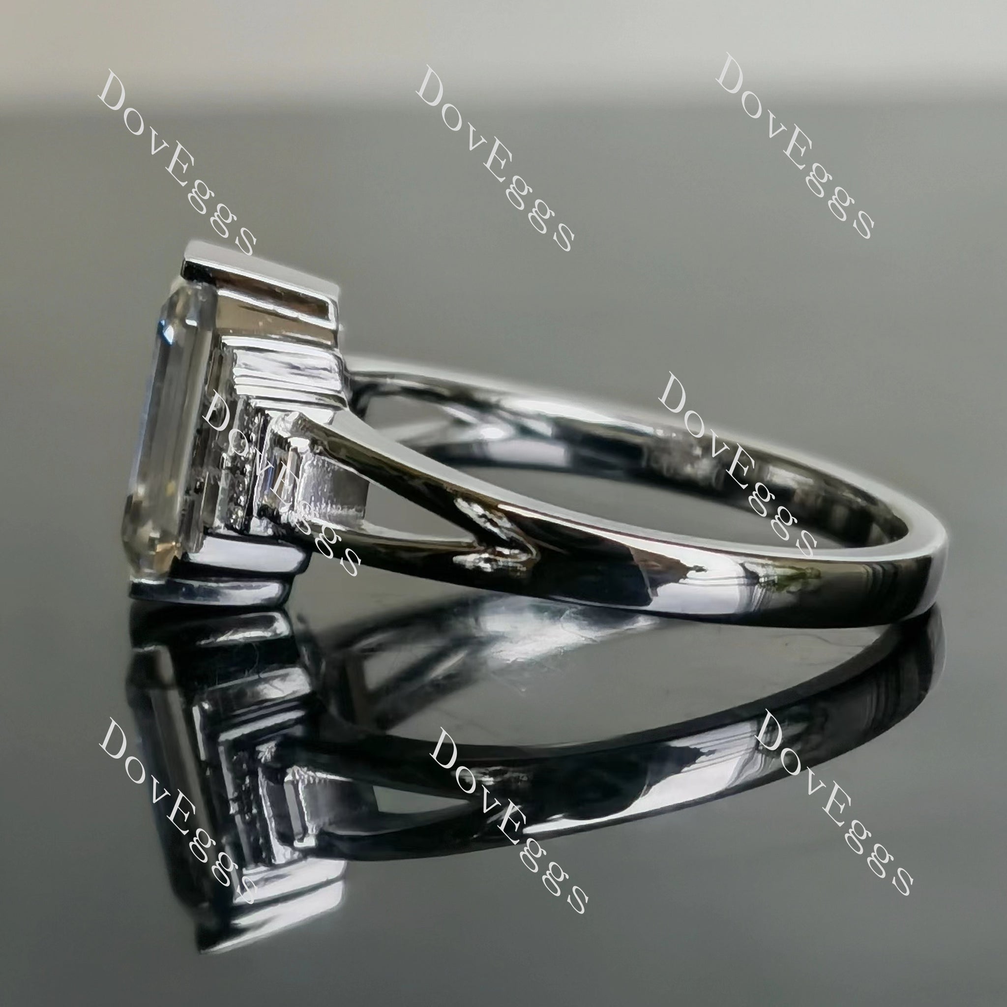 Doveggs elongated emerald side stones moissanite engagement ring