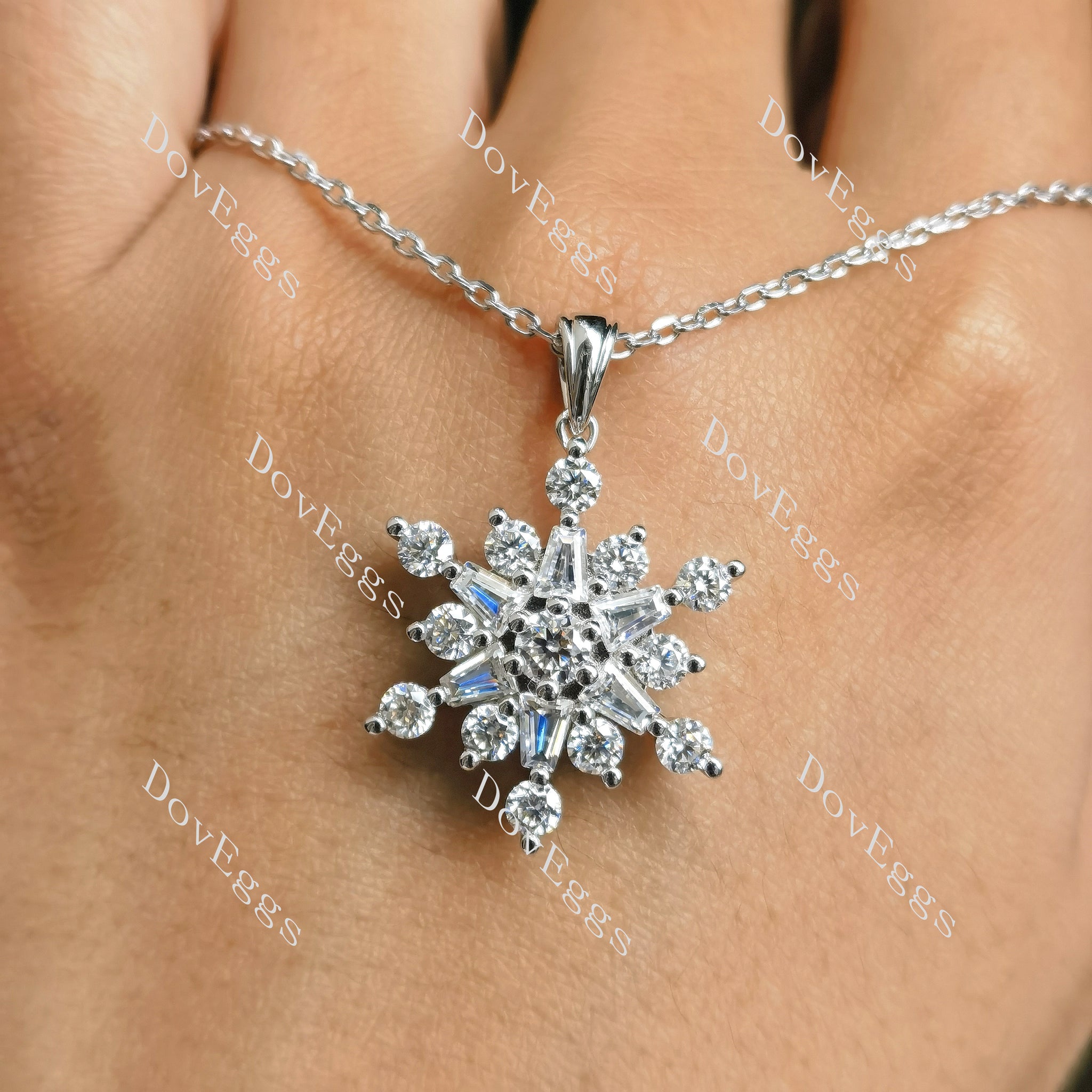 Doveggs sterling silver round baguette snowflake moissanite pendant necklace(with 18 inch length chain)