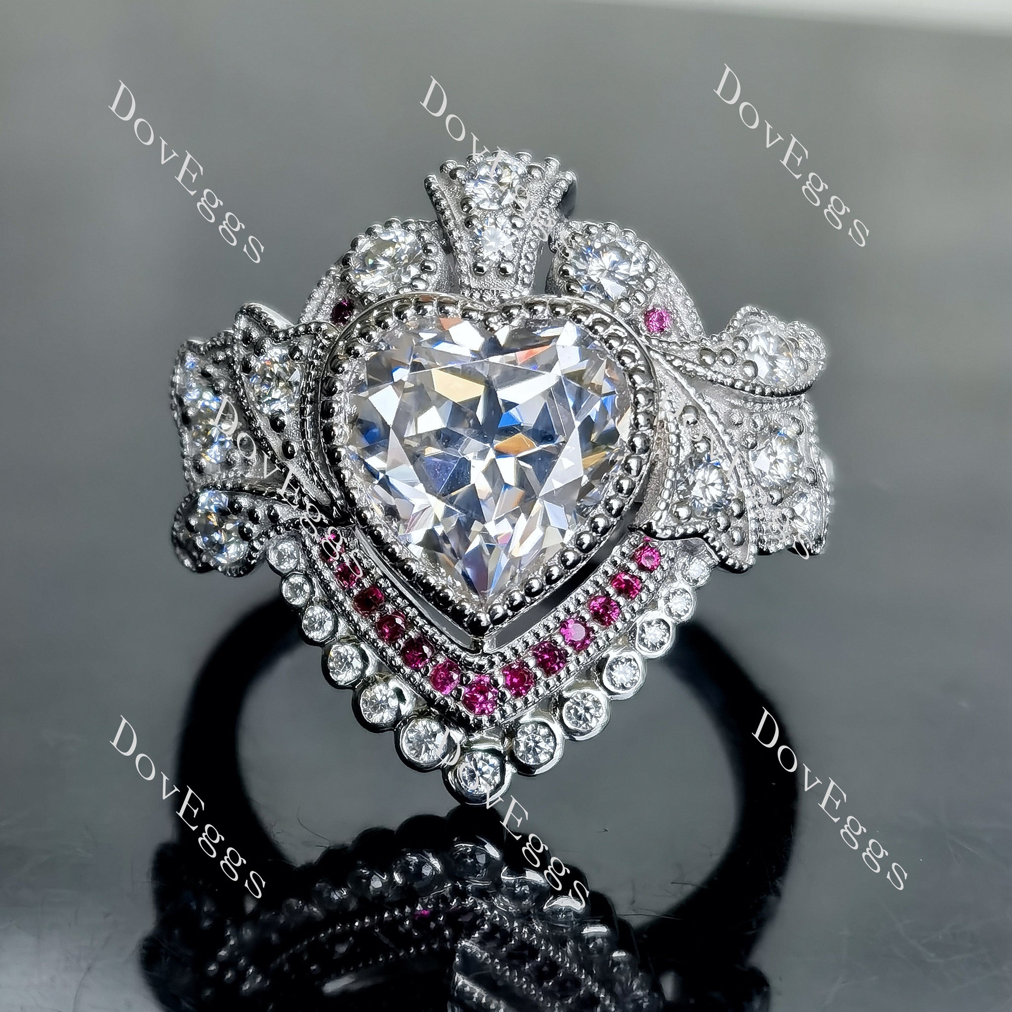 Doveggs heart art deco bezel moissanite engagement ring