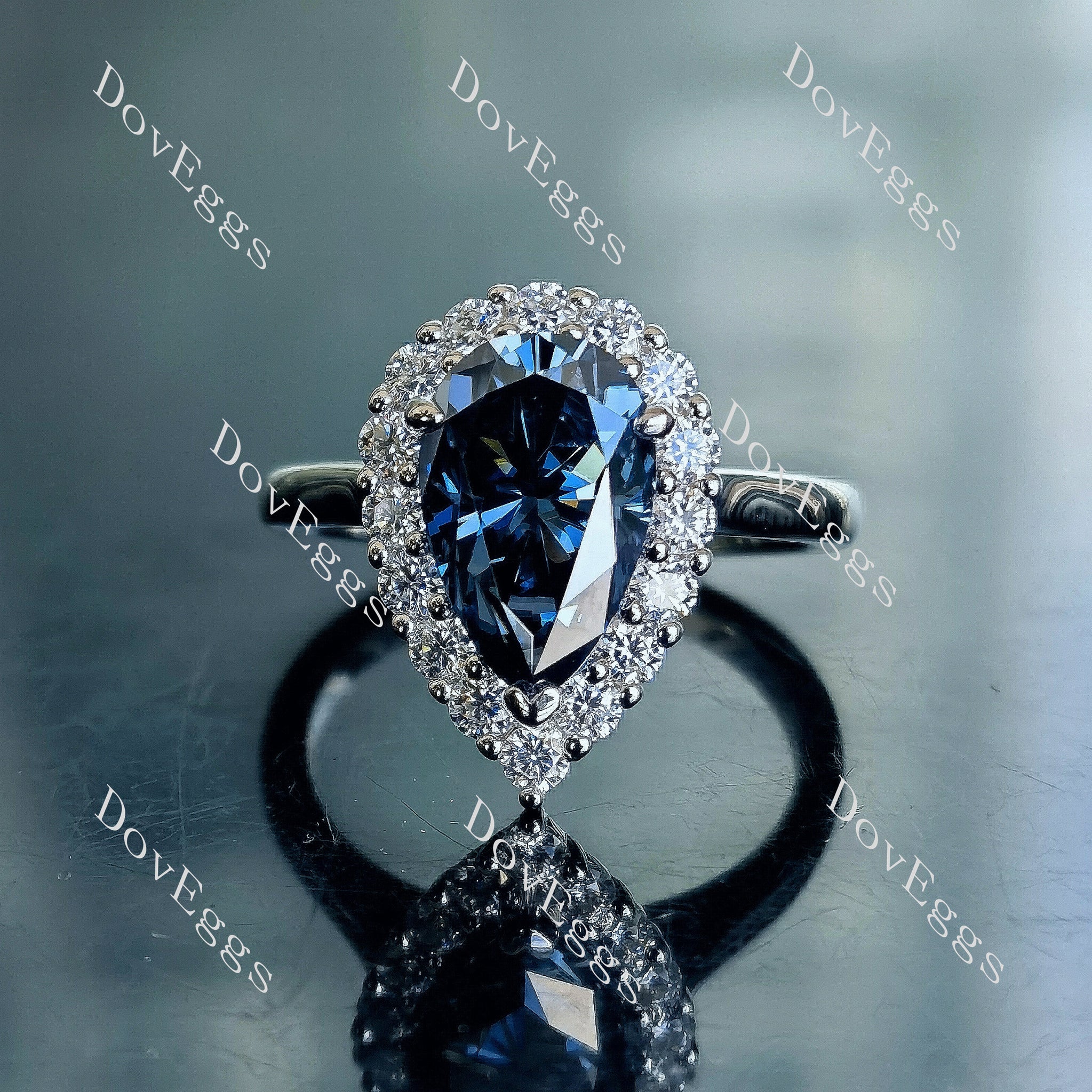 Doveggs pear halo twilight blue moissanite engagement ring