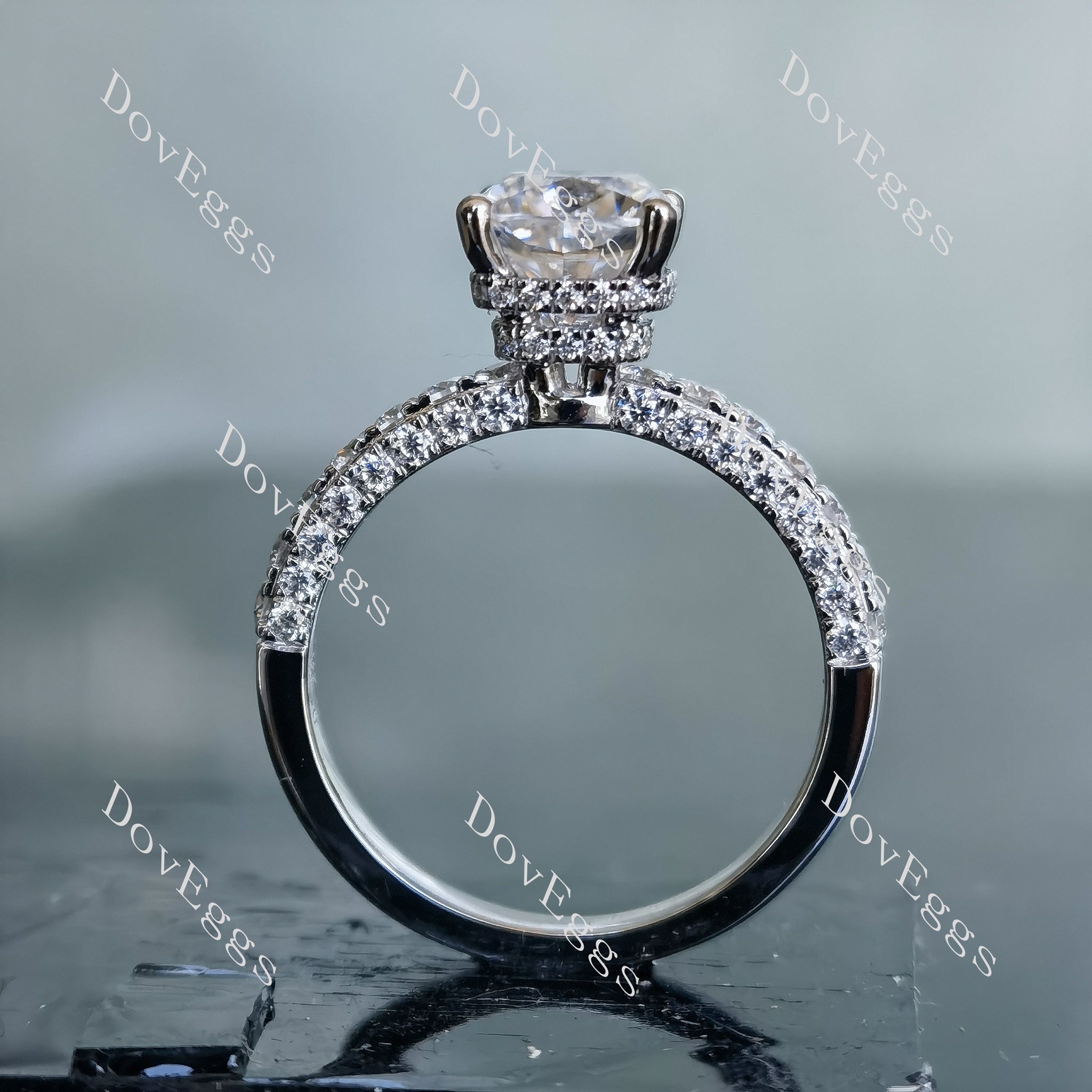 Doveggs cushion half eternity pave moissanite engagement ring