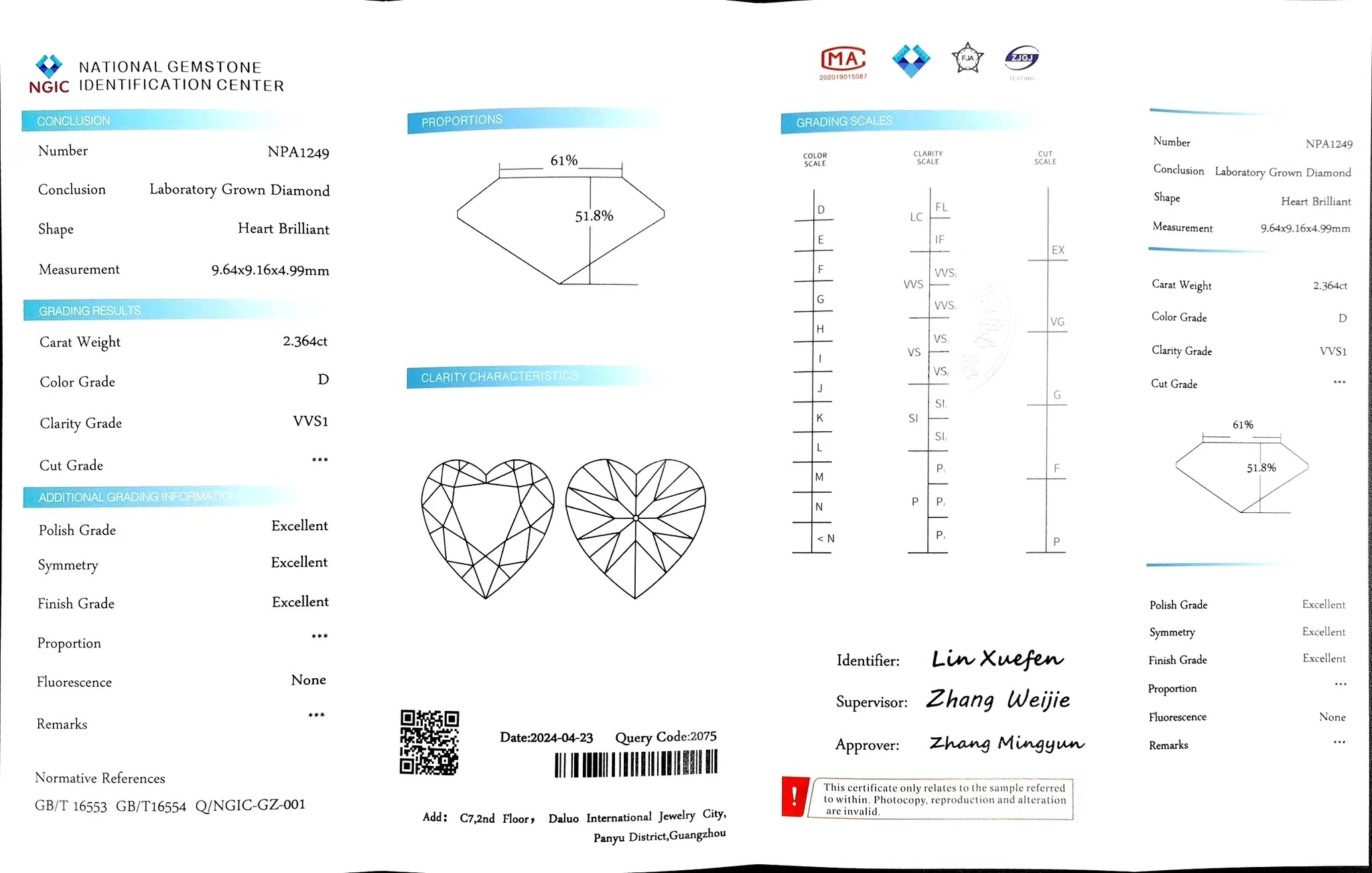 Doveggs 2.364ct heart D color VVS1 Clarity Excellent cut lab diamond stone(certified)