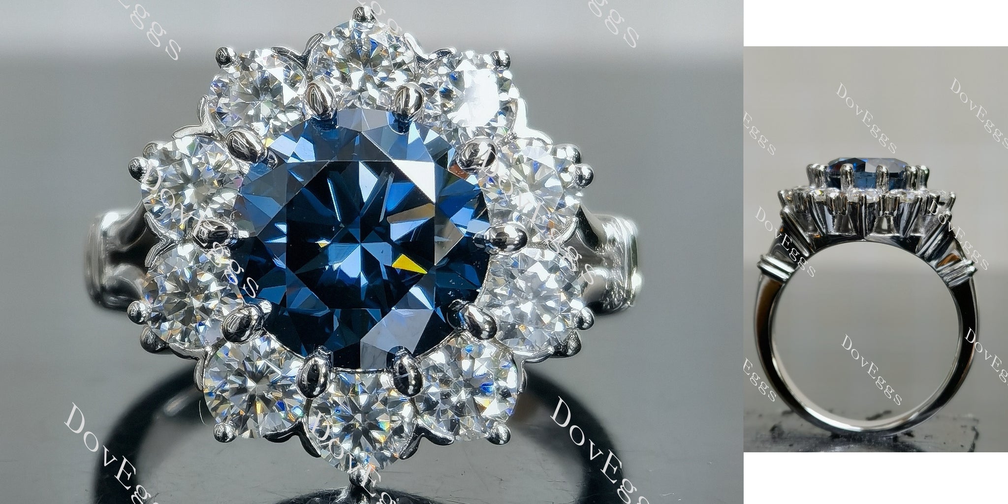 halo twillight blue colored moissanite engagement ring