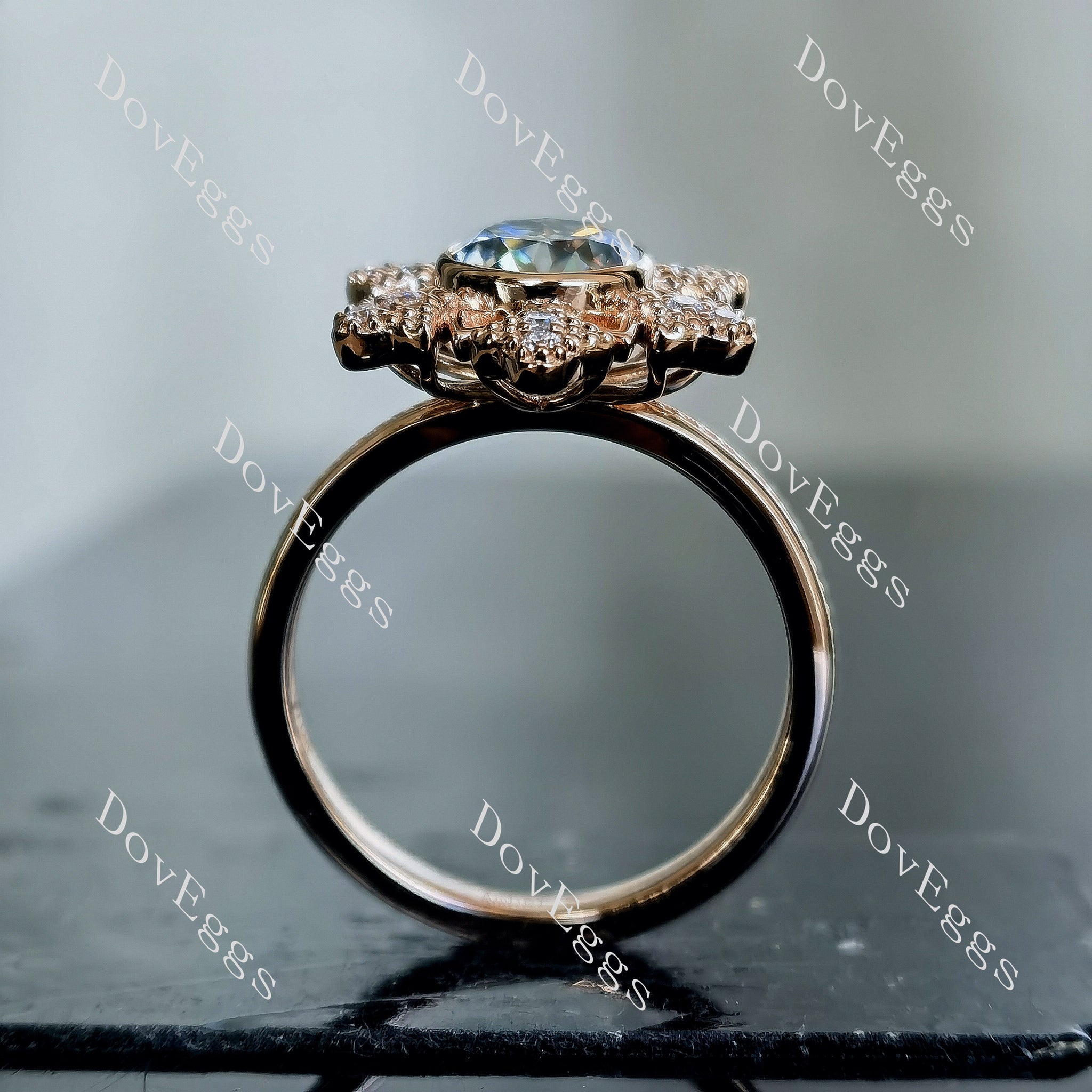 Doveggs round bezel floral smokey spark grey moissanite engagement ring