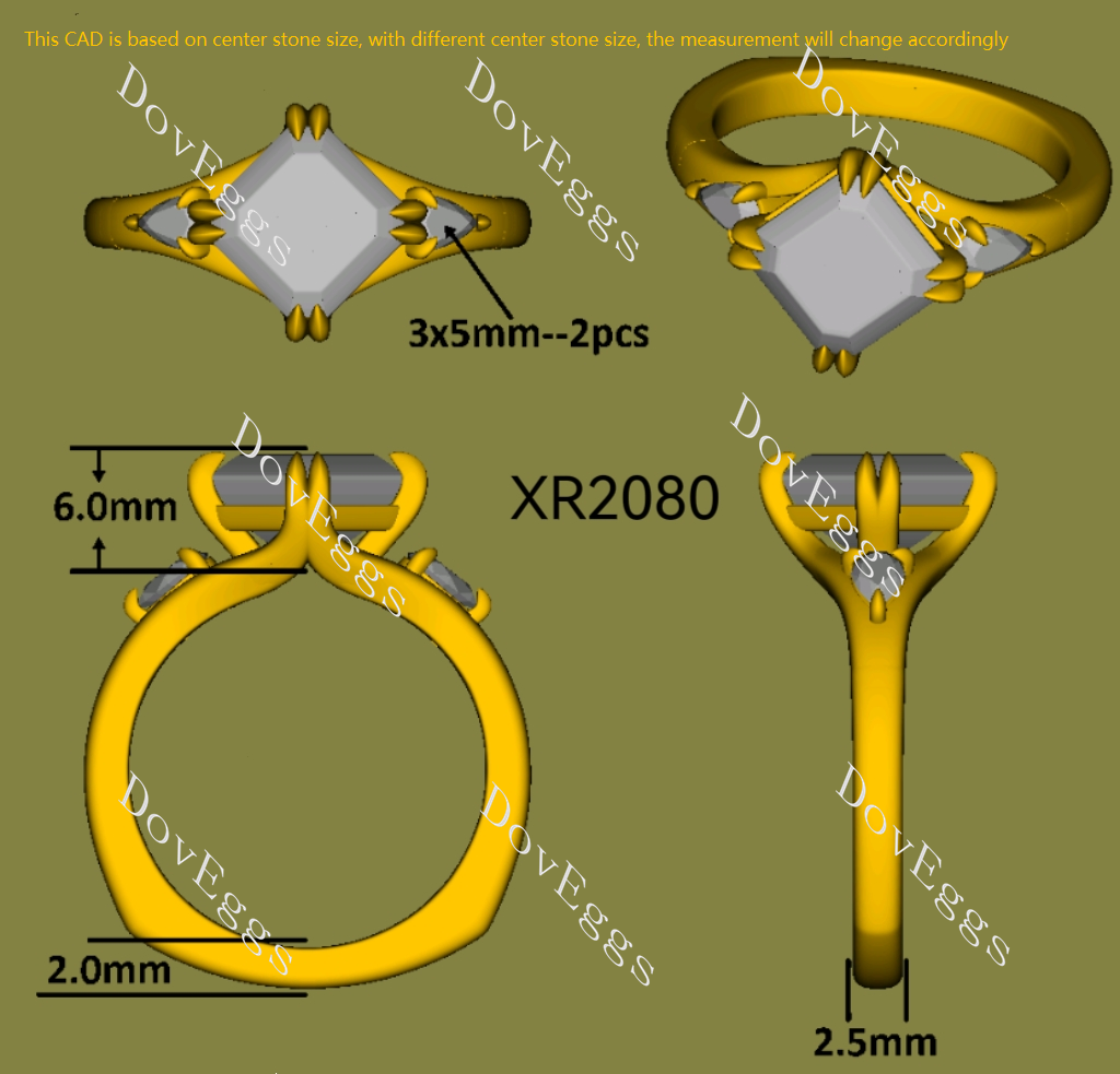 Doveggs asscher three stones split shanks colored moissanite engagement ring