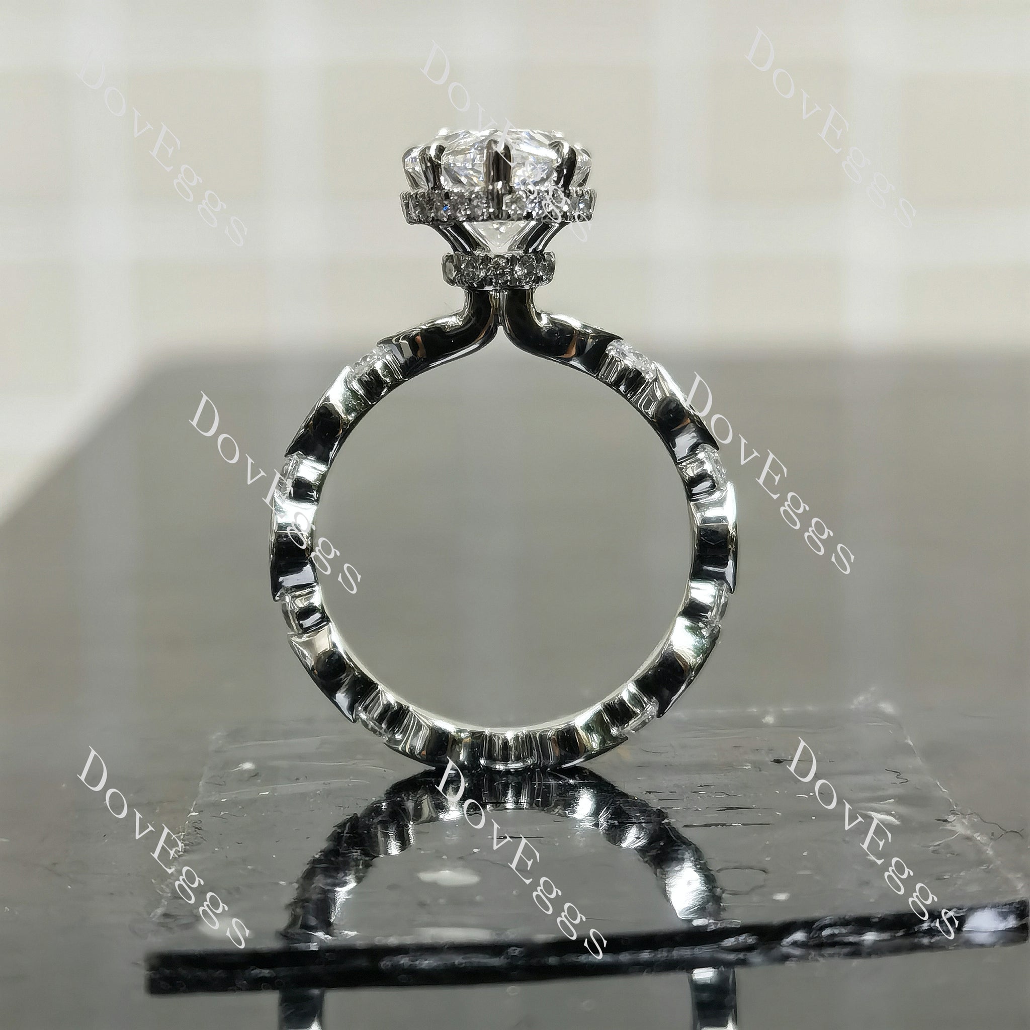 DovEggs pear pave hidden halo moissanite engagement ring