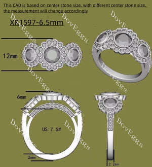 Doveggs round floral halo three stones moissanite engagement ring