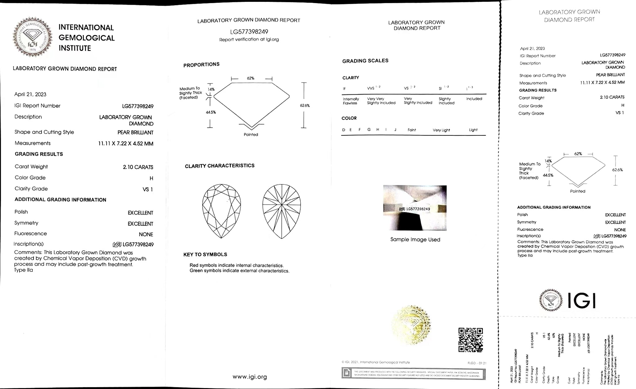 Doveggs 2.10ct pear H color VS1 Clarity Excellent cut lab diamond stone(certified)