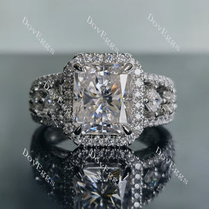 Doveggs radiant halo half eternity pave moissanite engagement ring