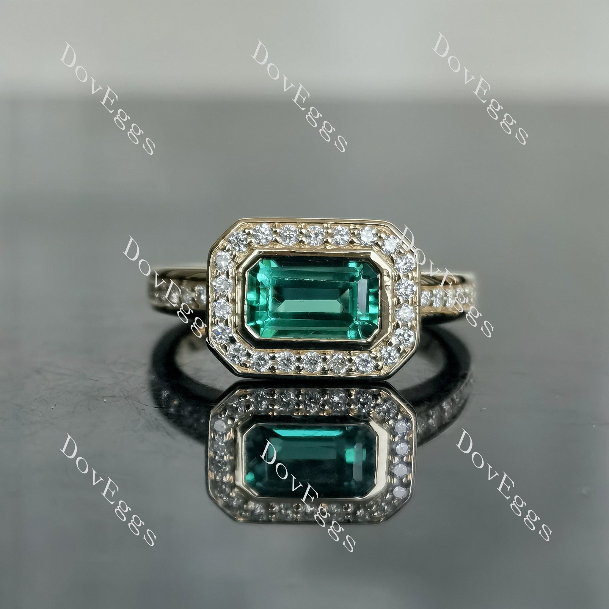 Doveggs elongated emerald halo colored gem engagement ring