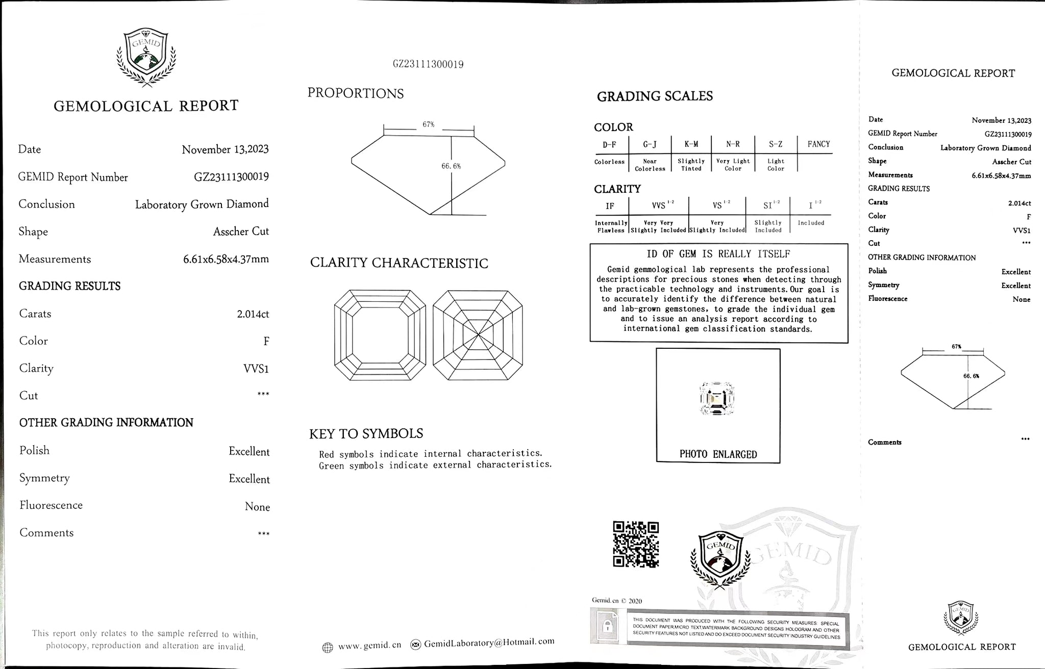 Doveggs 2.014ct asscher F color VVS1 Clarity Excellent cut lab diamond stone(certified)