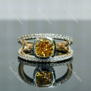 Doveggs Cushion Bezel Split Shanks Yellow Lab Grown Diamond Engagement Ring