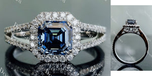 DovEggs asscher split shank halo pave twilight blue moissanite engagement ring